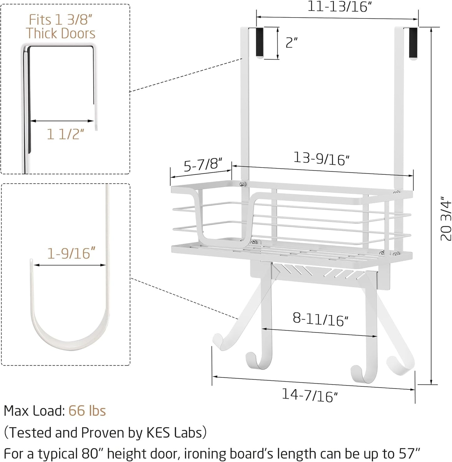 KES Over The Door Ironing Board Holder, Ironing Board Hanger Over Door Organizer with Storage Shelf Y and T Shaped Fits for 1 3/8 Doors White, HIR501A-WH