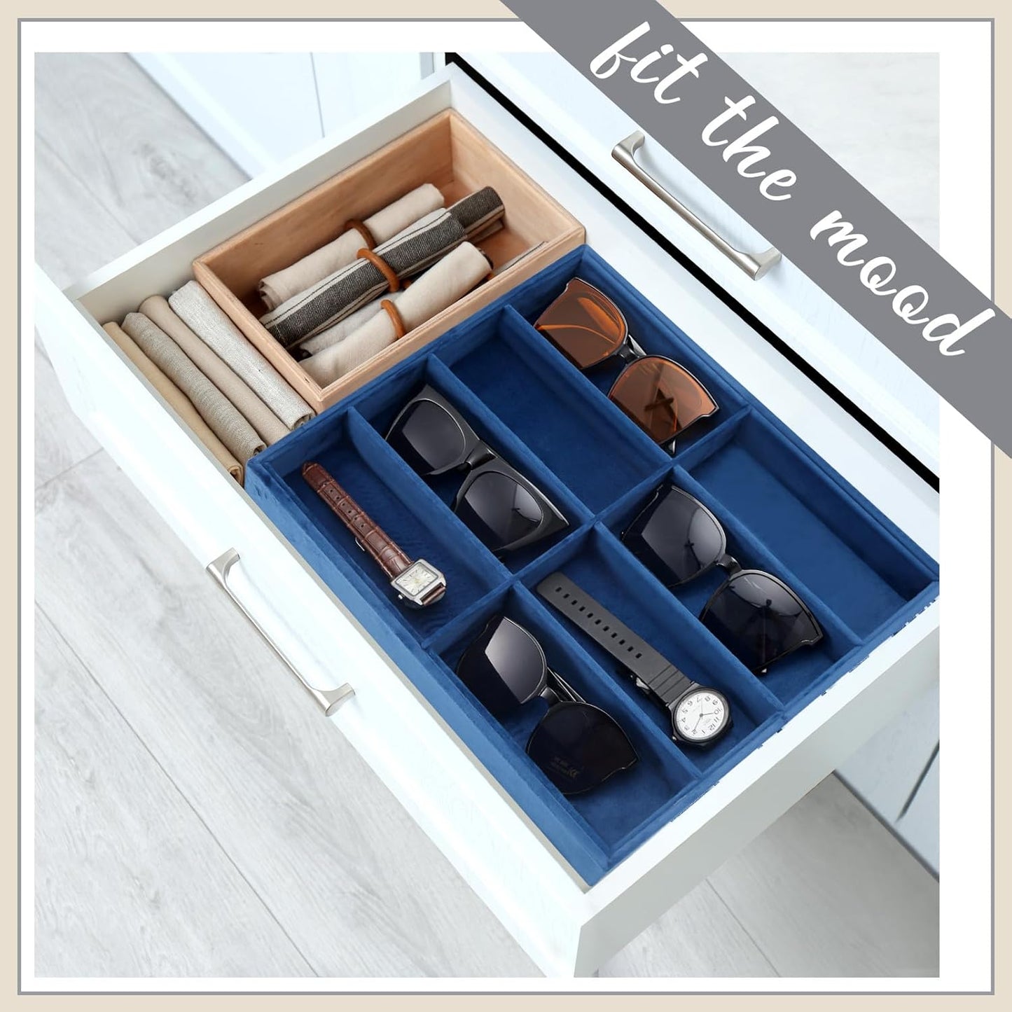 Amylove 2 Pcs Sunglass Organizer Trays Glasses Stackable Jewelry Trays Sunglass Organizer Display Box(8 Grids,Navy Blue)