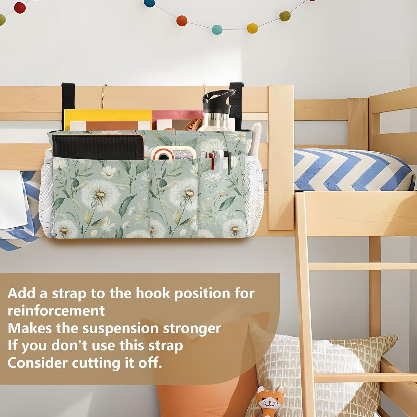Sage Green Dandelion Bedside Caddy for Dorm Bed Bedside Hanging Caddy Bag Iron Frame Storage Organizer Pocket for Bunk Home College Hospital Beds 2 Hooks