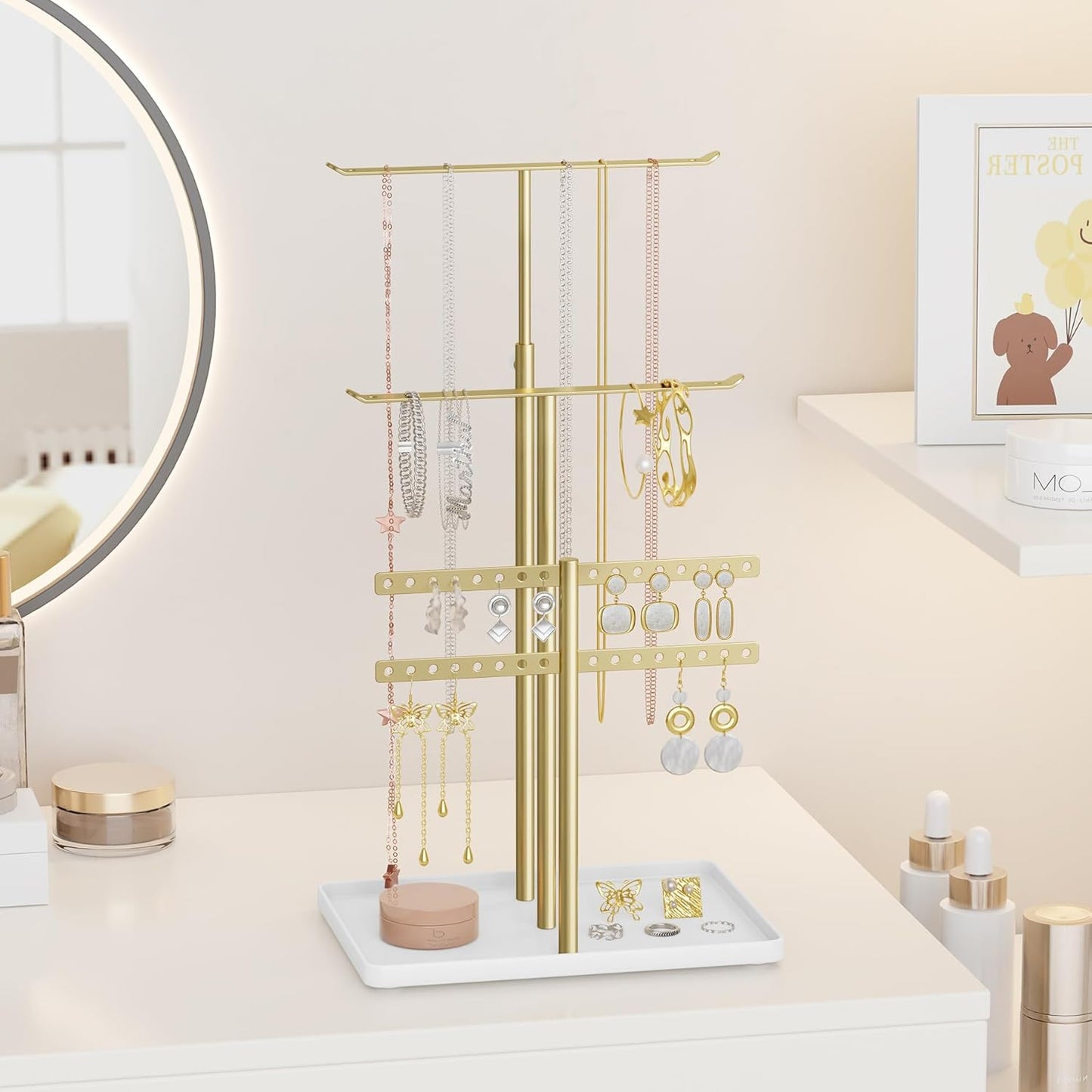 Jewelry Holder Organizer Stand - Adjustable Jewelry Tree 17.5" Height (Max), Jewlery Hanger for Necklaces, Bracelets, Earrings, Aesthetic for Storage and Display, Metal, Gold and White