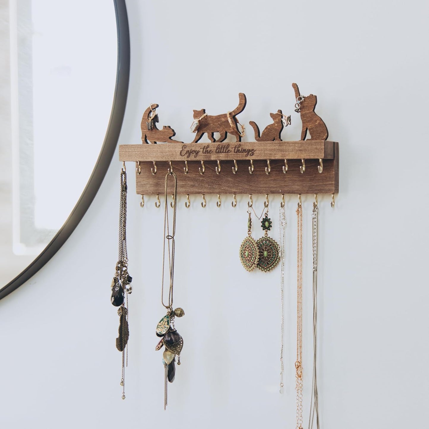 Wooden Jewelry Organizer for Women, Wall Mounted Necklace & Earring Holder with Decor, Personalized Gift Idea for Girlfriend, Anniversary, or Vanity Storage