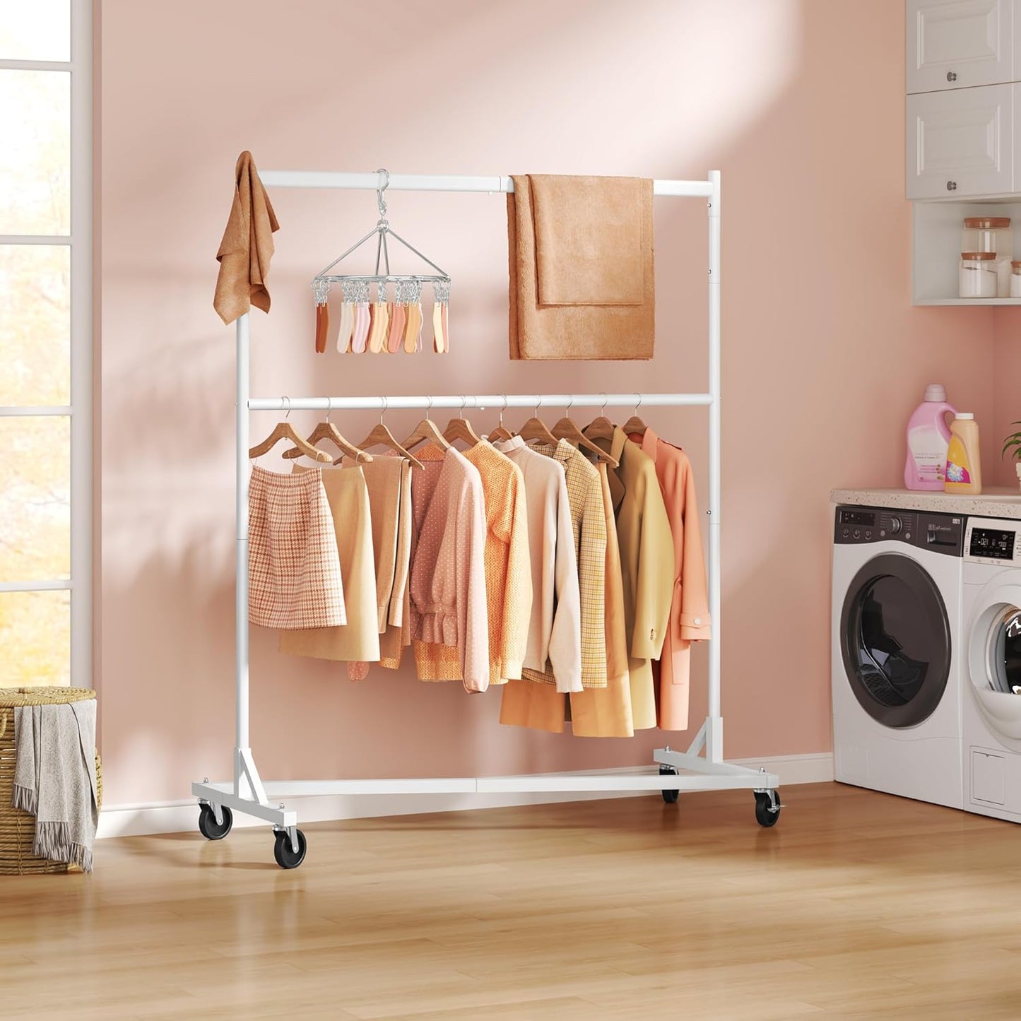 Hoctieon Double Rod Clothes Racks with Z-Base, Adjustable Clothing Rack, Standing Clothes Rack, Metal Clothing Racks for Hanging Clothes, Rolling Garment Rack, White