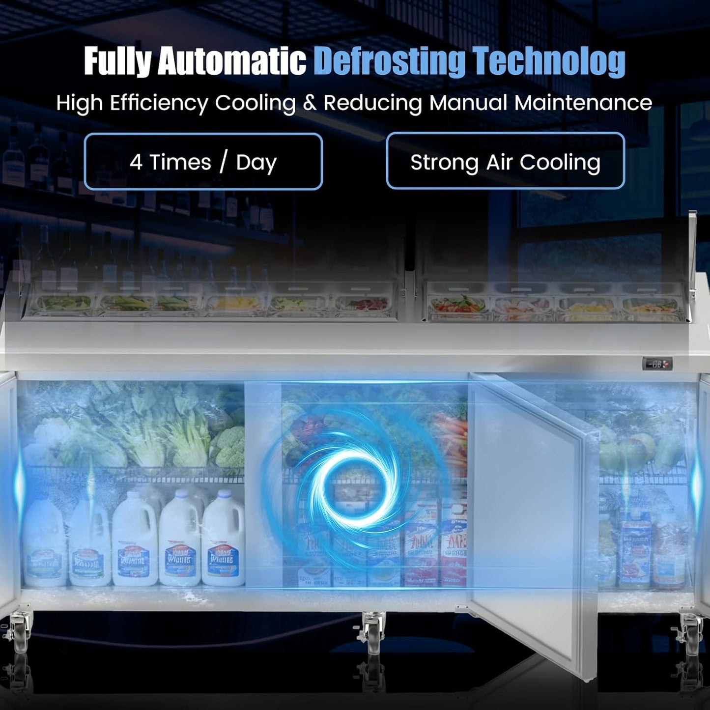 72" W Commercial Refrigerator Sandwich Salad Prep Table, Stainless Steel 3-Door Sandwich Prep Table Refrigerator, Counter Fan Cooling Refrigerator with 30 Pans for Restaurant, Bar