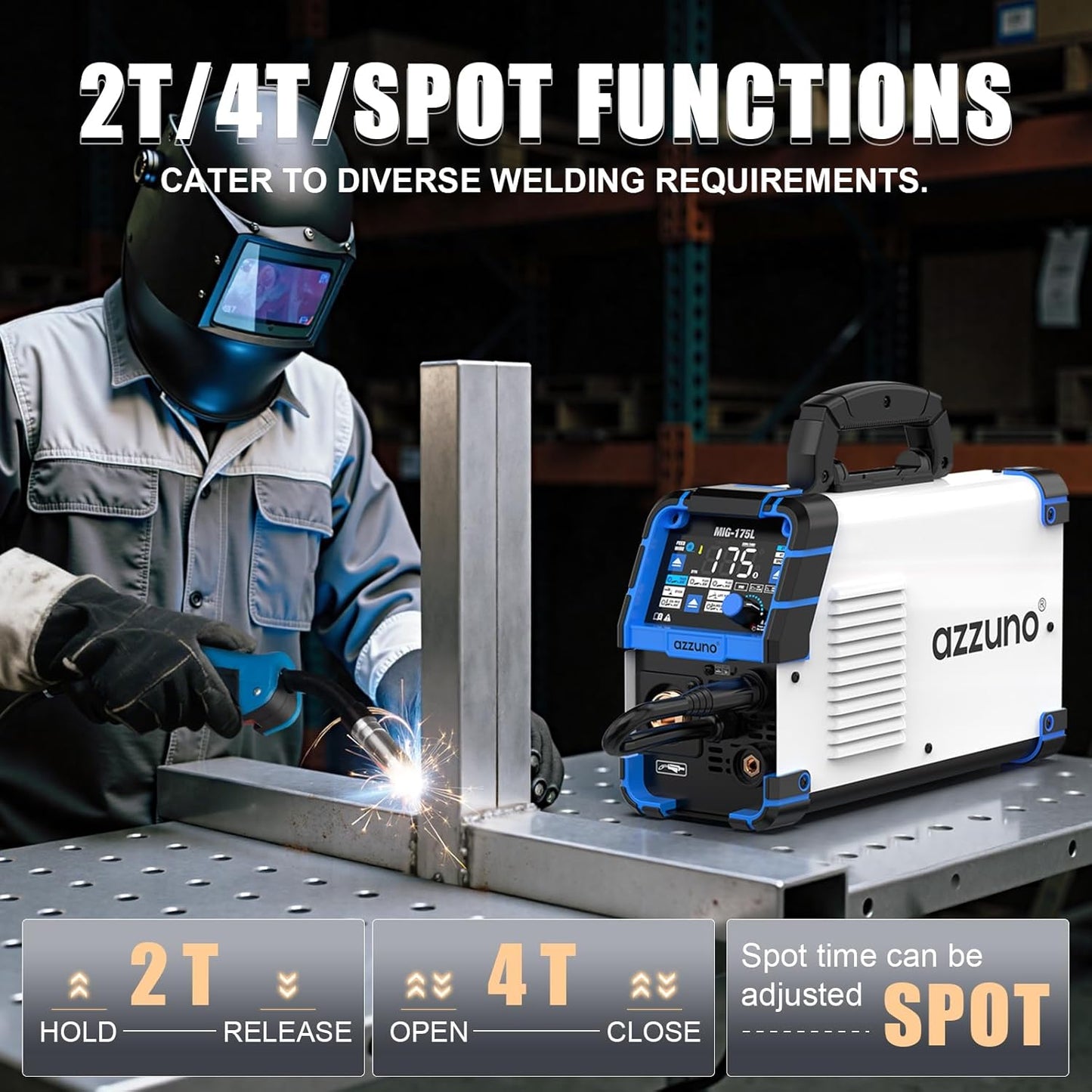 AZZUNO Aluminum MIG Welder 175Amp, 110V/220V Dual Vlotage 5 in 1 Gas MAG/Aluminum MIG/Gasless Flux Core Welder/Stick/Lift TIG Welding Machine, Wire Feed Welder Machine with Semi-enclosed Structure