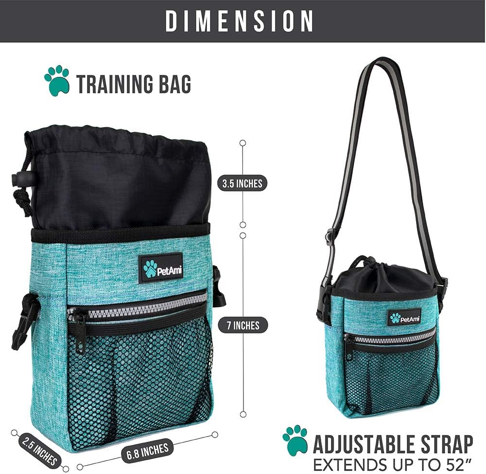 PetAmi Dog Treat Pouch | Dog Training Pouch Bag with Waist Shoulder Strap, Poop Bag Dispenser | Treat Training Bag for Treats, Kibbles, Pet Toys | 3 Ways to Wear (Turquoise) | No bowl included