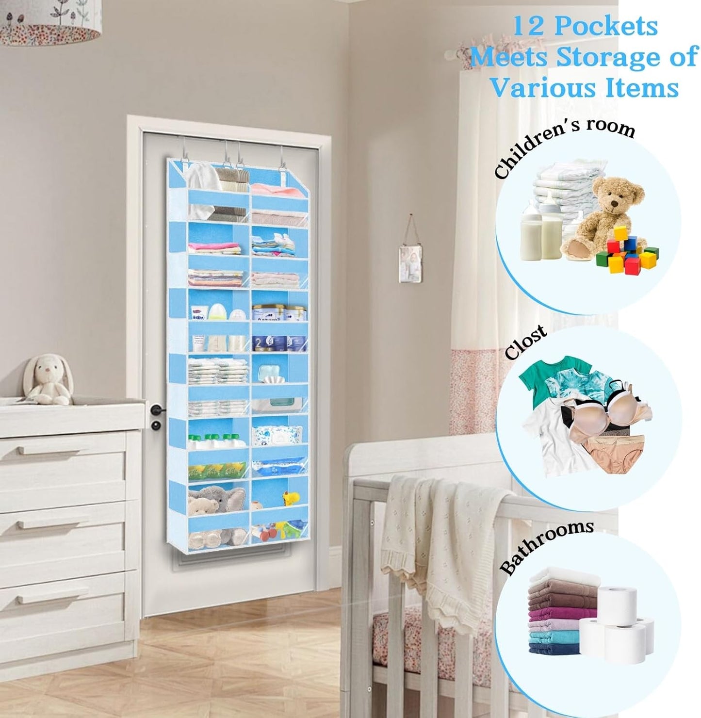 Over The Door Organizer 6 Tiers, Extra Large Behind Door Storage of 12 Compartments, 80 lbs Weight Capacity Hanging Storage Organizer with Clear Window Kids Toys,Shoes,Diapers,Room Storage,Blue