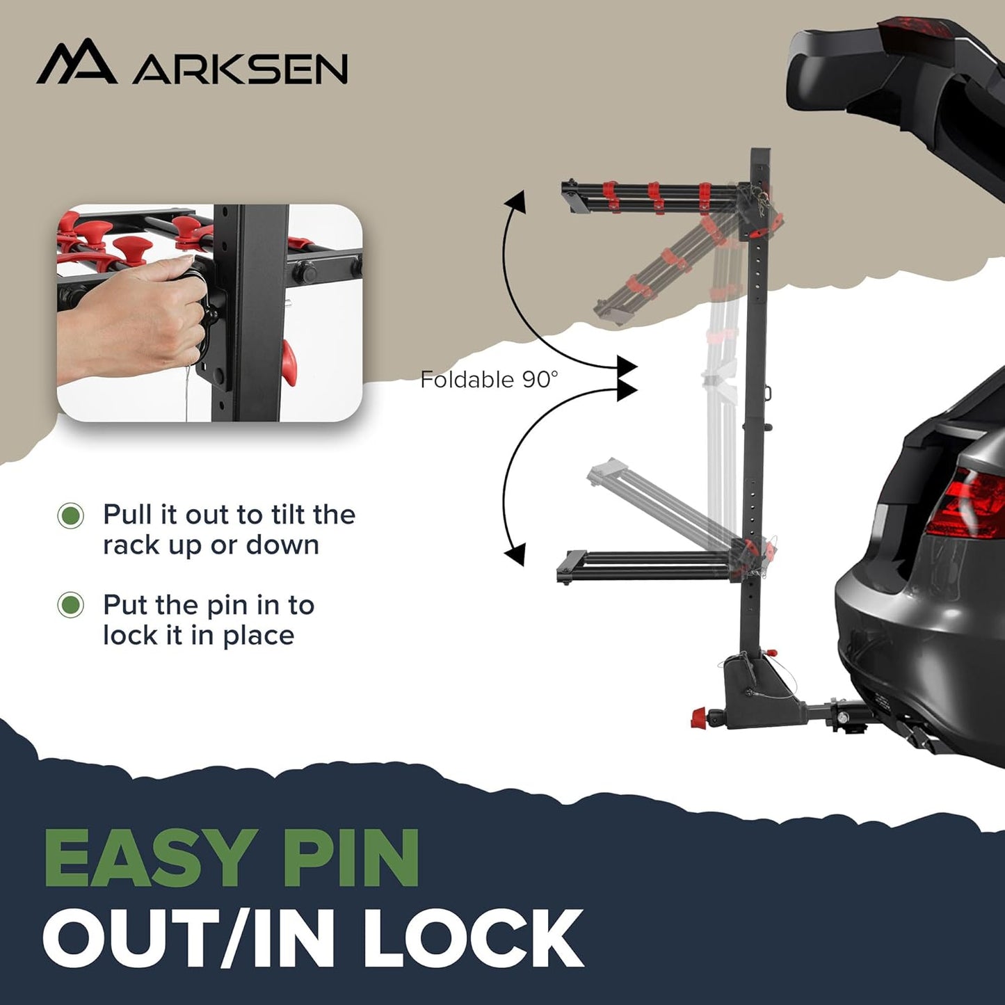 Arksen Folding Hitch-Mounted Ski/Snowboard Rack, Snowboard Mount Carries 6 Pair Skis or 4 Snowboards Fits 2" or 1.25" Receivers, Trailer Hitch Ski Rack with Key Lock, Security Strap, Tilt Access