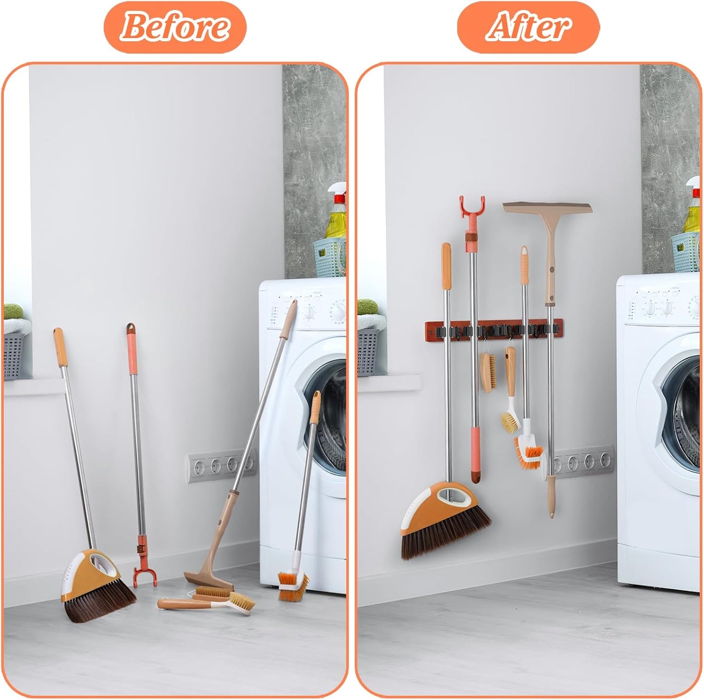 Brown Broom Holder Wall Mount - Heavy Duty Wood Mop and Broom Organizer with 5 Slots & 4 Hooks - Tool Hanger for Laundry Room Closet Kitchen Garage Storage and Organization - for Rusic farmhouse Decor