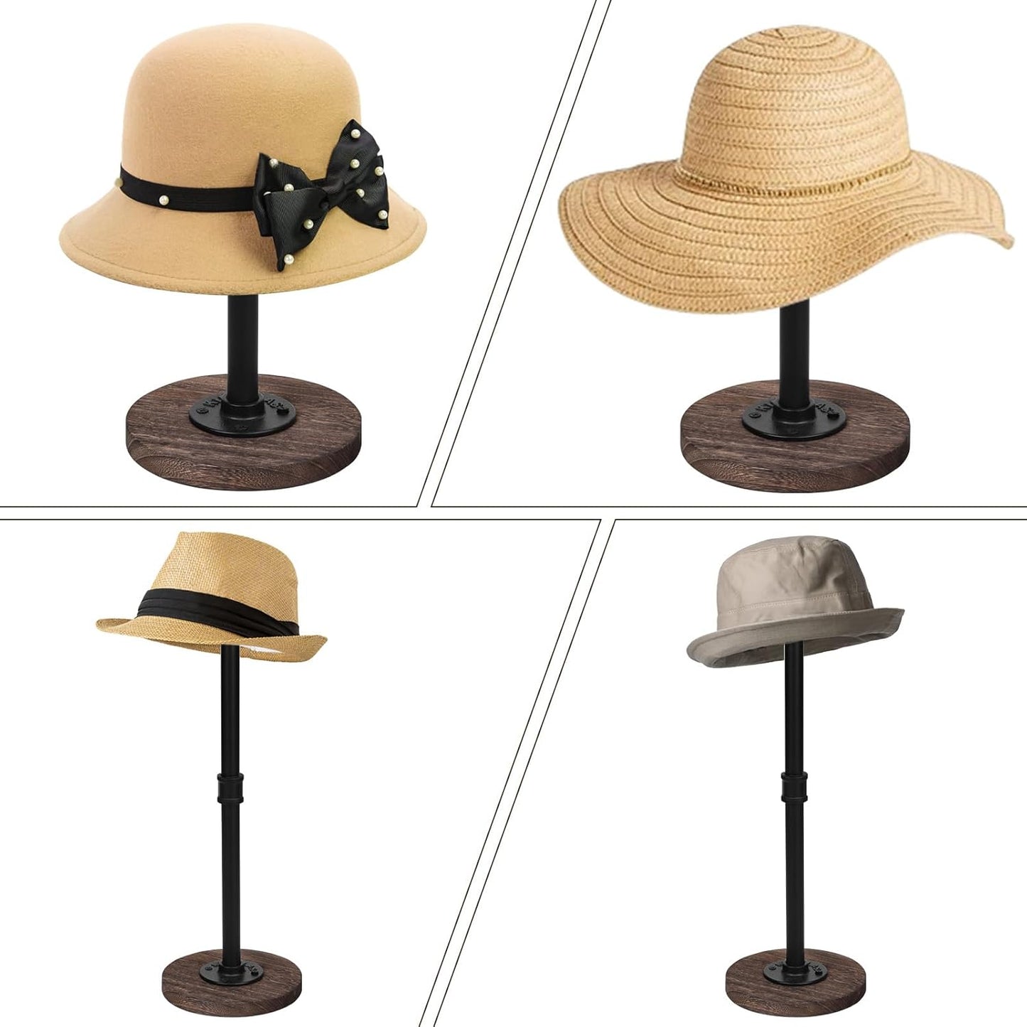 2 Pcs Tabletop Hat Stand Cap with Height Adjustment, Industrial Metal Pipe Rustic Burnt Wood Hat Rack, Wig Rack or Jewelry Display Riser