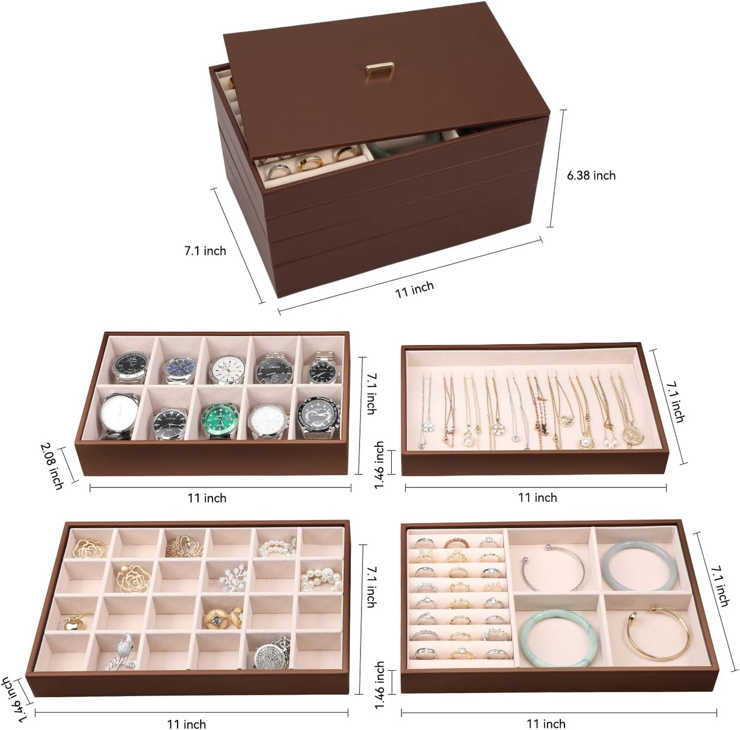 Voova Stackable Jewelry Organizer Tray with Lid, PU Leather Jewelry Storage Holder for Drawer Inserts, Jewellery Display Box Case for Earring Necklace Ring Watch Bracelet (Set of 4, Caramel Brown)