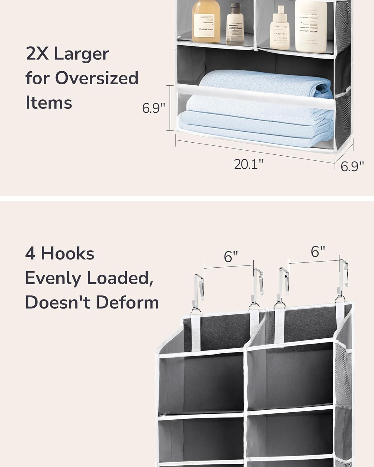 ULG Over the Door Organizer, 5-Tier Extra Large Hanging Storage with 10 Mesh Pockets, 100 lbs Capacity, Heavy Duty Door Organizer for Closet, Bedroom,Grey