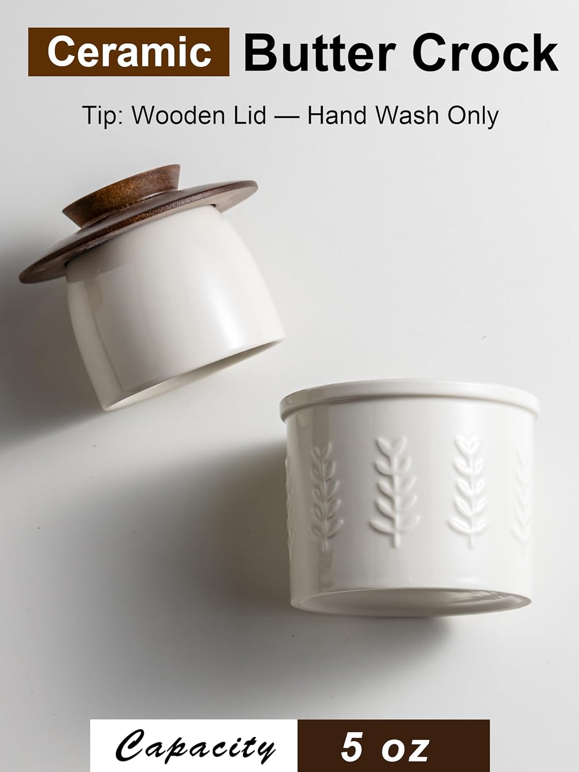 Butter Crock, Ceramic Butter Dish with Lid for Countertop, French Butter Keeper, Elegant Embossed Pattern, White