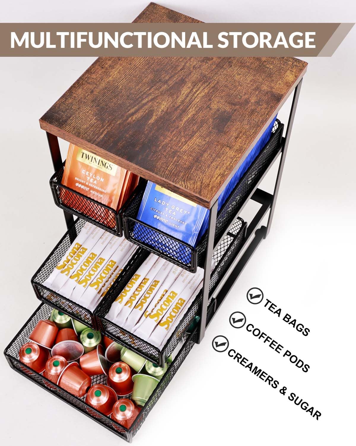 Tea Bag Organizer with 5 Drawers, Wooden & Metal Tea Storage Organizer for TeaBags, Coffee Pods, Creamers & Sugar – Countertop Tea Bag Holder for Coffee Bar and Kitchen, Space-Saving Tea Storage Rack