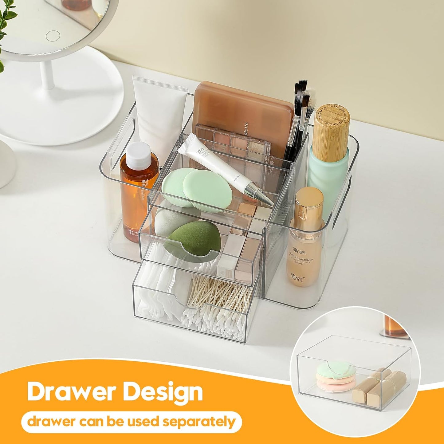 Acrylic Makeup Organizer for Countertop – 2 Drawers & 3 Compartments, Clear Storage Bin. Multi-use for Skincare, Cosmetics, Jewelry & Small Accessories, fits Vanity, Bathroom, Office, Craft