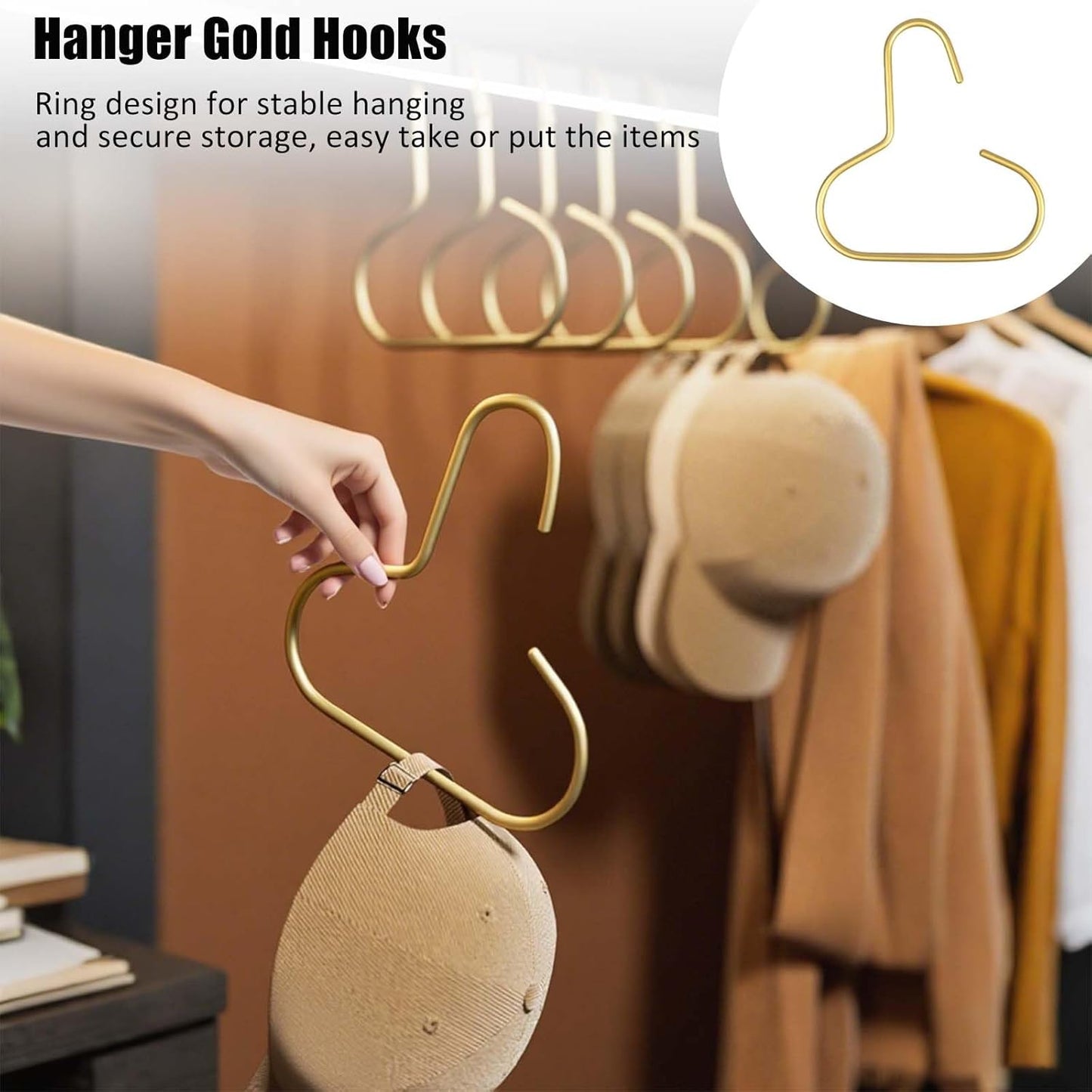 6 Pcs Hat Hanger Gold Hooks Organizer, Metal Shawl Belt Scarf Caps Tie Purse Storage Hangers Organizers Non-Slip Easy Access Open Hook Space Saving Multi-Functional Hooks