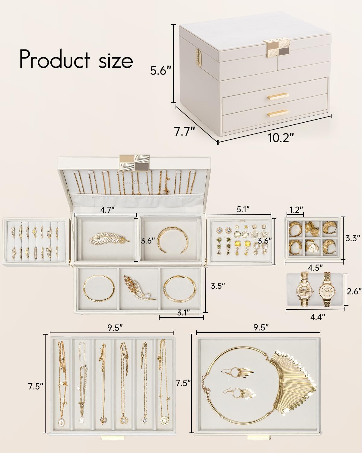 Vlando 4 Layers Jewelry Box - Women Jewelry Box with Retractable Tray - Jewelry Organizer with Drawer for Necklaces, Rings, Bracelets, Earrings, Gift for Couples Mom Girls - Could White