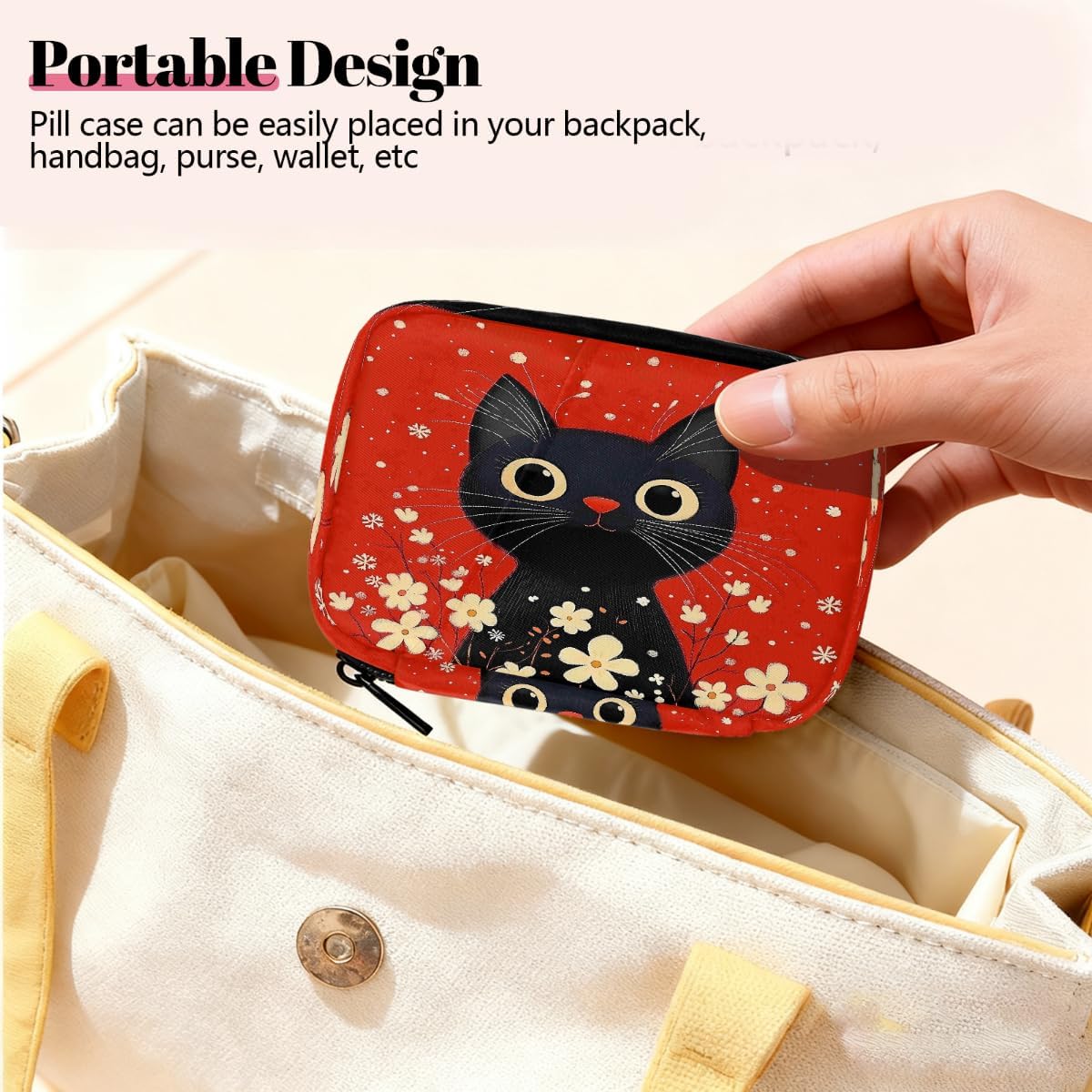 Retro Black Cat Flowers Pill Organizer Travel Medicine Case with Zipper Daily Vitamin Storage Bag Portable 8 Slot Weekly Pill Box Supplement Holder for Home Office Gym Travel