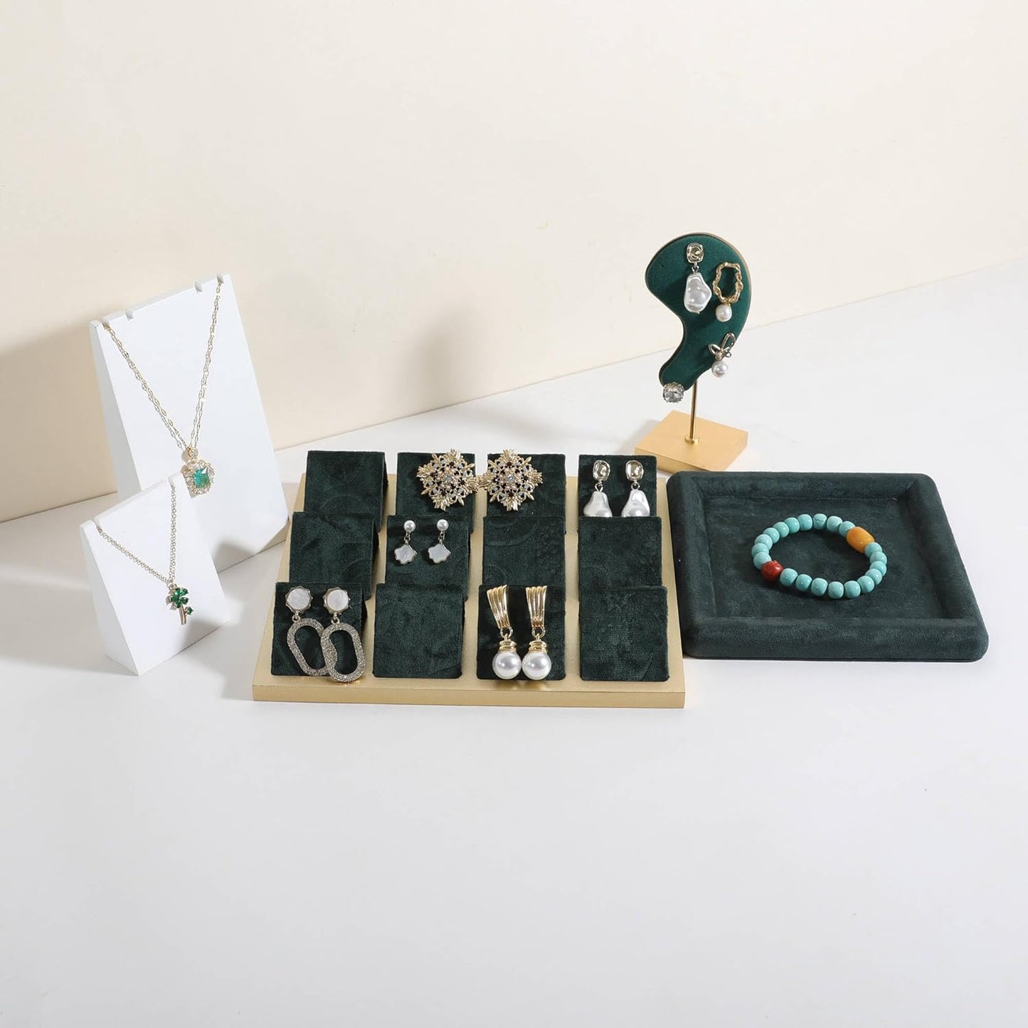 GemeShou Golden coated earring display stand for selling, velvet stud earring holder for jewelry display, Jewlery earring storage organizer tray, studs holder jewelry organizer【Earring holder-Green】