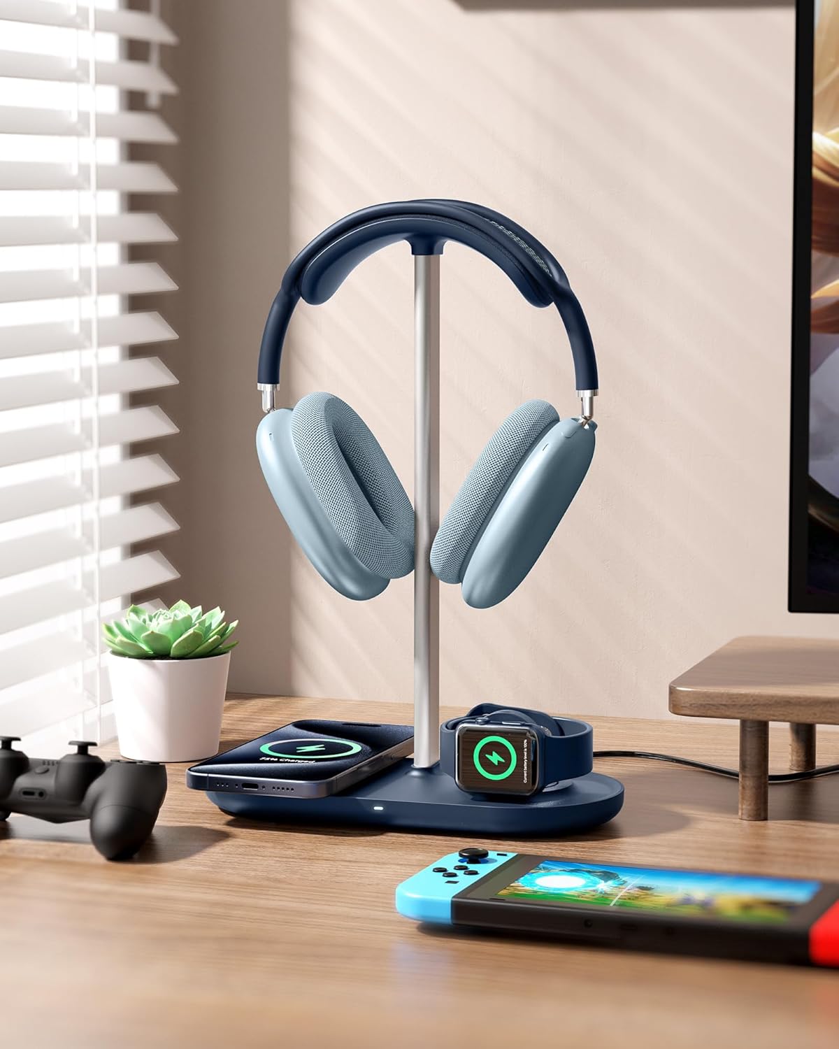 HiWe 3-in-1 Headphone Stand - Universal Desktop Gaming Headset Holder with Wireless Charger for Phones/AirPods/iWatch, Aluminum Alloy Rod, Leather Pad, ABS Solid Base, Blue