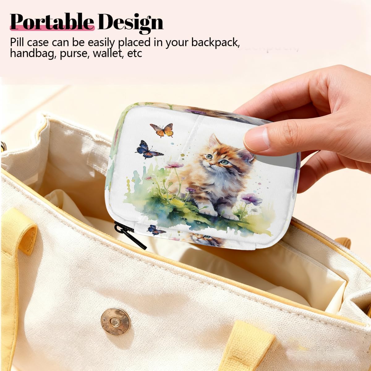 Watercolor Cute Cat Butterfly Pill Organizer Travel Medicine Case with Zipper Daily Vitamin Storage Bag Portable 8 Slot Weekly Pill Box Supplement Holder for Home Office Gym Travel