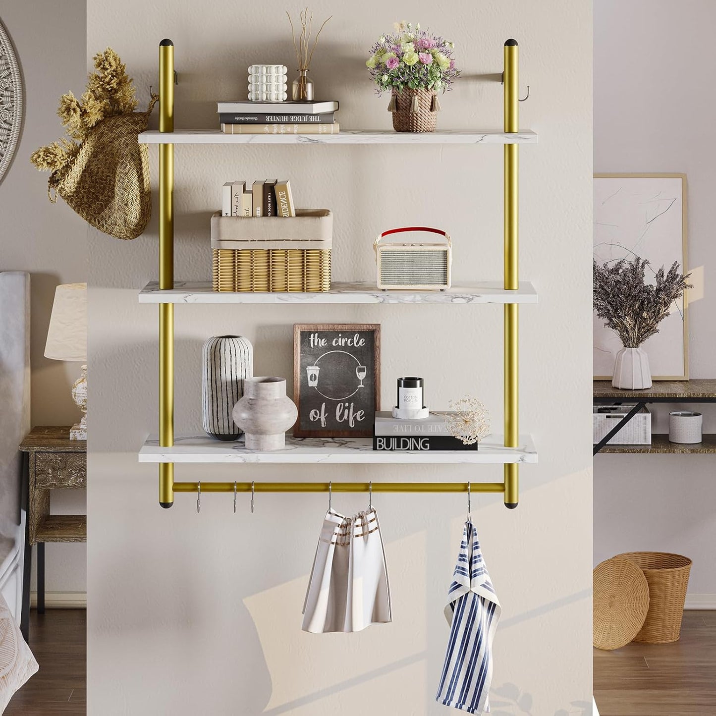 Bestier 31" Industrial Pipe Shelving, Floating Kitchen Wall Shelves 3 Tier Coffee Bar Shelves for Wall with 8 Hooks, Hanging Display Shelf Bookshelf for Living Room Bathroom, White Marble