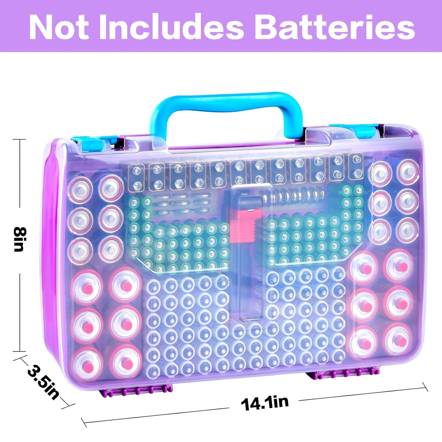 Battery Storage Organizer Case Holder Box with Tester, Double-Sided Batteries Fits for 269 Caddy Container AA AAA AAAA 3A 4A 9V C D Lithium 23A 4LR44 CR123A CR1632 CR2032 - Purple
