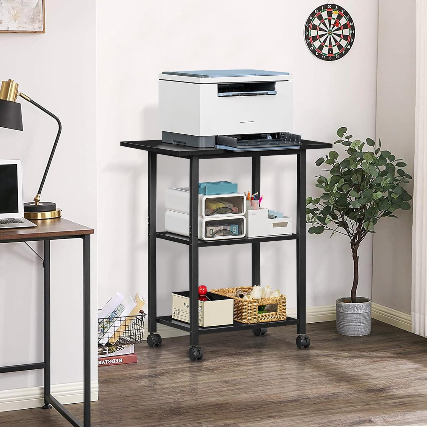 Lerliuo 3-Tier Printer Stand, Industrial Mobile Printer Table with Storage Shelf and Steel Frame, Rolling Printer Cart Holder with Lockable Wheels for Home, Office (Black)