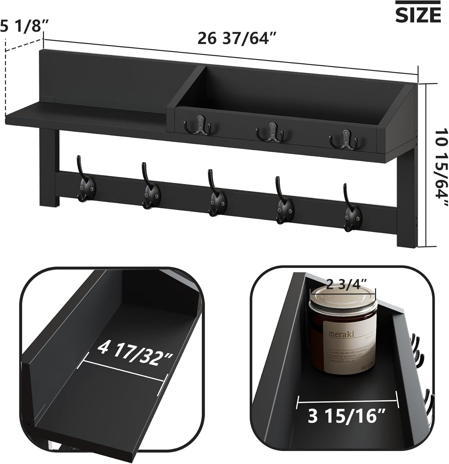 AMBIRD Wall Hooks with Shelf - 26.57" Entryway Wall Hanging Shelf Wood Coat Hooks and Key Holder (Black)