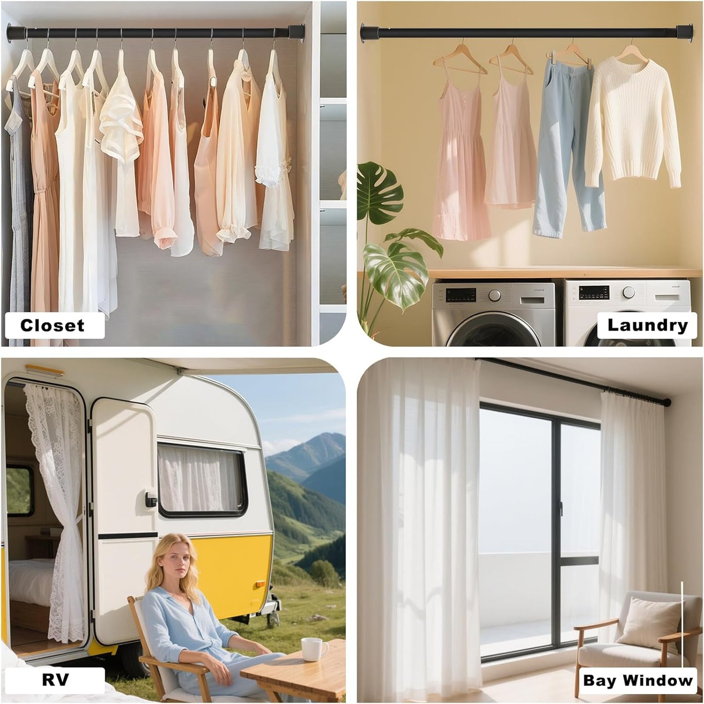Closet Rods for Hanging Clothes, 16.5 to 102 Inches Adjustable Closet Rod, Heavy Duty Clothes Hanging Rod for Closet Wardrobes Laundry