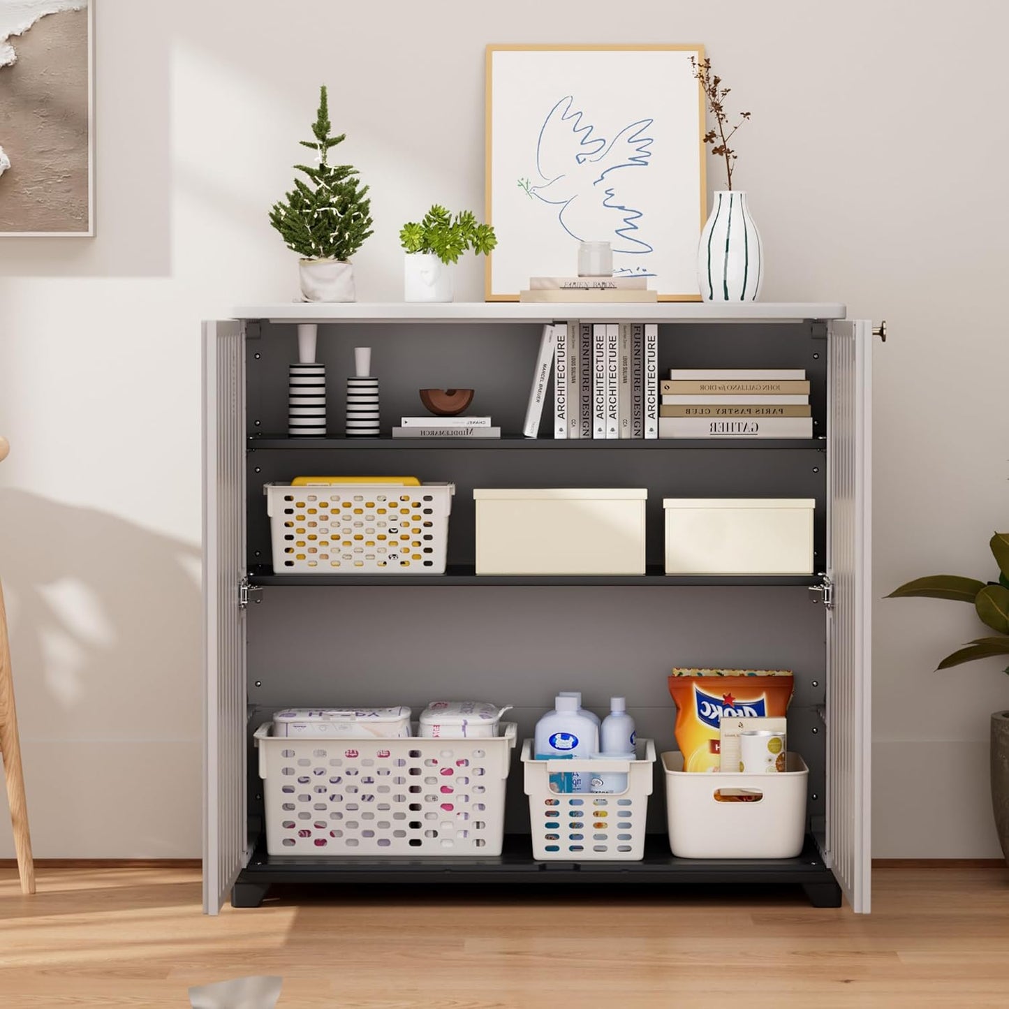 ADDOK Indoor Outdoor Plastic Storage Cabinet 34"x15"x34" with 1 Shelf, Outdoor Storage Shed for Living Room, Hallway, Balcony, Garage, Garden, Backyard-White