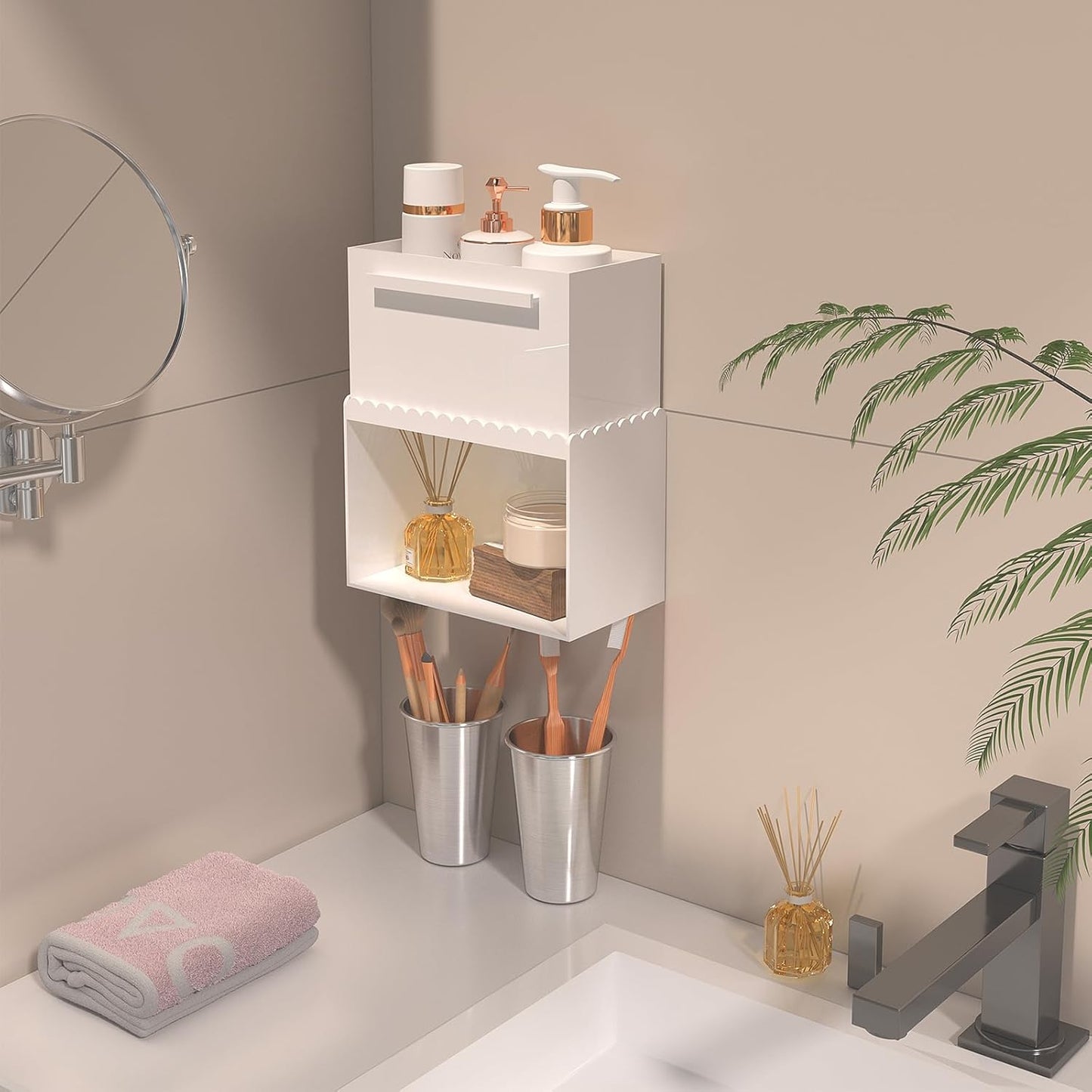 Hair Tool Organizer, Wall Mount Acrylic Hair Dryer Holder with 2 Cups Box Organizer, Scalloped Hair Styling Tools Organizer for Curling Iron Straightener Bathroom Storage(2 Cups Scalloped Box Set)