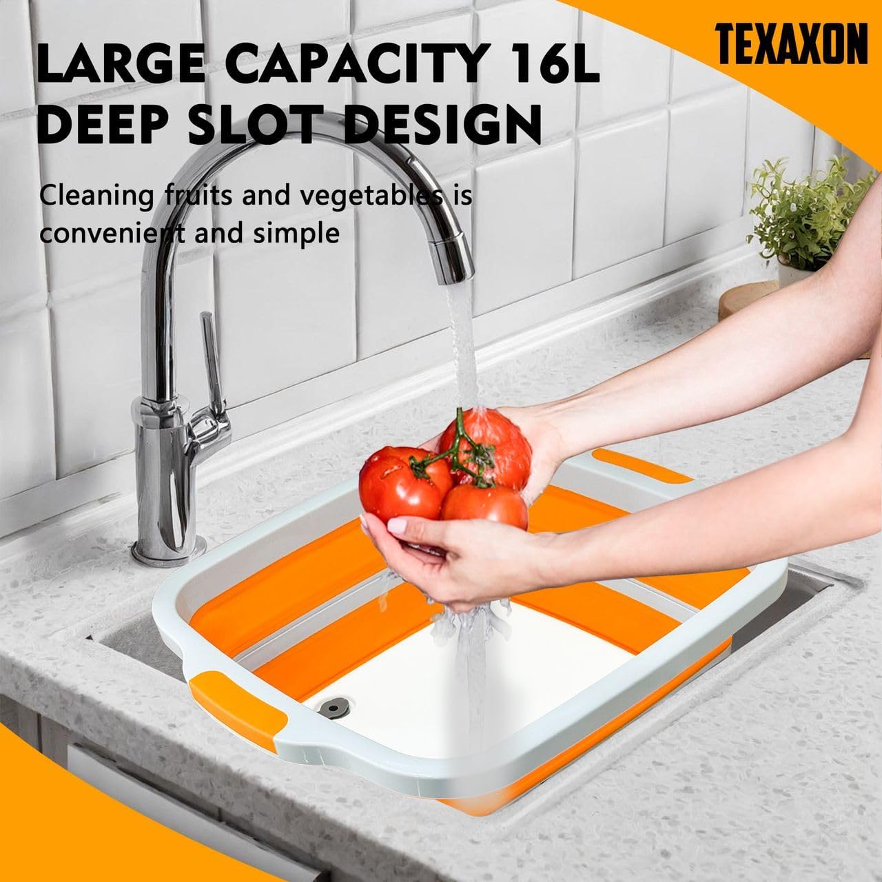 8L/16L BBQ Prep Tub with Cutting Board, Lid & Complimentary Mitts/Gloves – Collapsible Bucket for BBQ, Marinade, Picnic, Camping, Meat Prep – Orange/Black (Orange, X-Large)