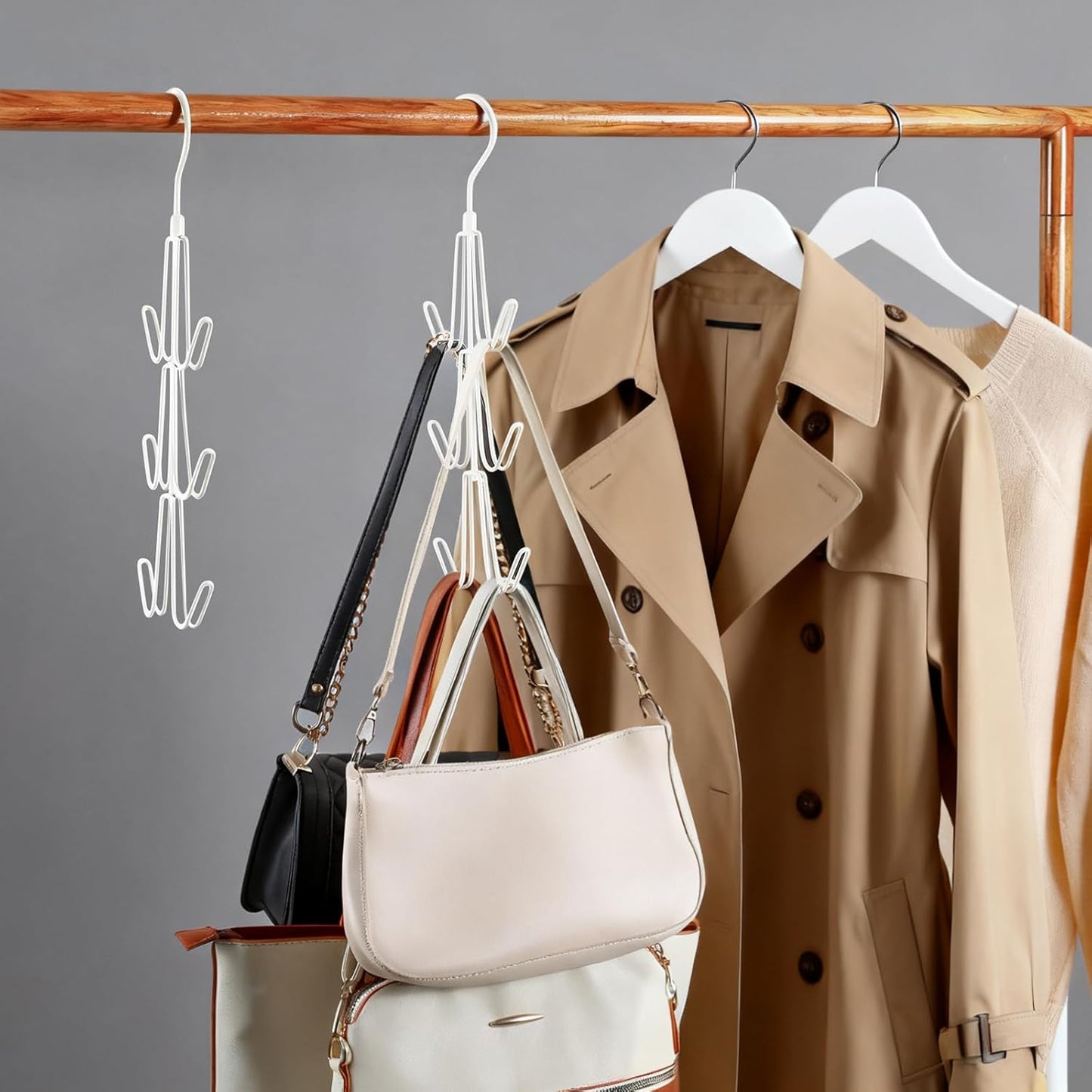 TOPIA HANGER Purse Hanger Organizer for Closet, 2-Pack Handbag Organizer Hanger, 360°Swivel Metal Purse Hooks, Bag Rack, Belt Organizer, Tie Rack, Scarf Hanger, Bag Storage Organizer, Ivory White