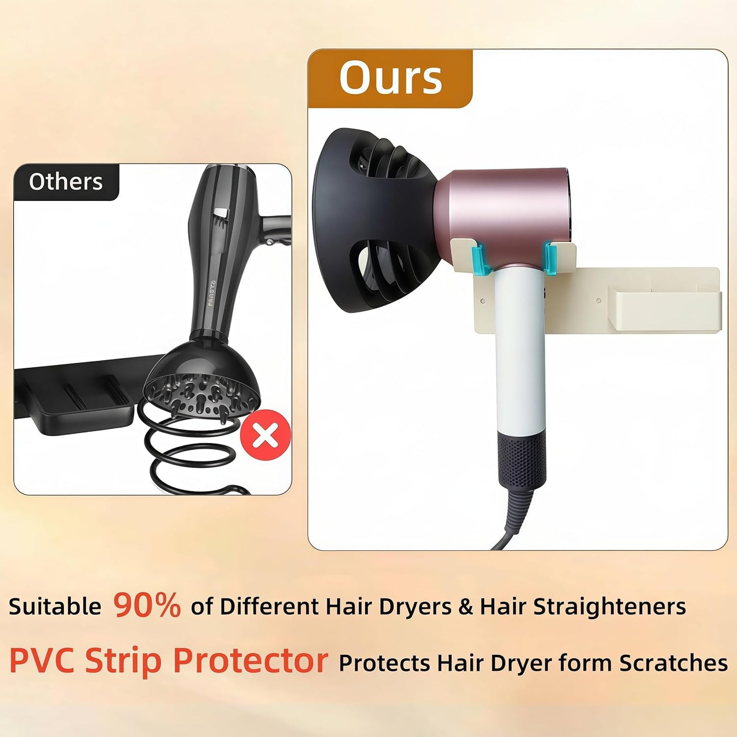 Hair Dryer and Straightener Holder, Upgraded Hair Straightener Holder with Cable Hook, Stainless Steel Universal Hairdryer Holder Wall Mounted Waterproof for Bathroom Space-Saving White PTALSEAW