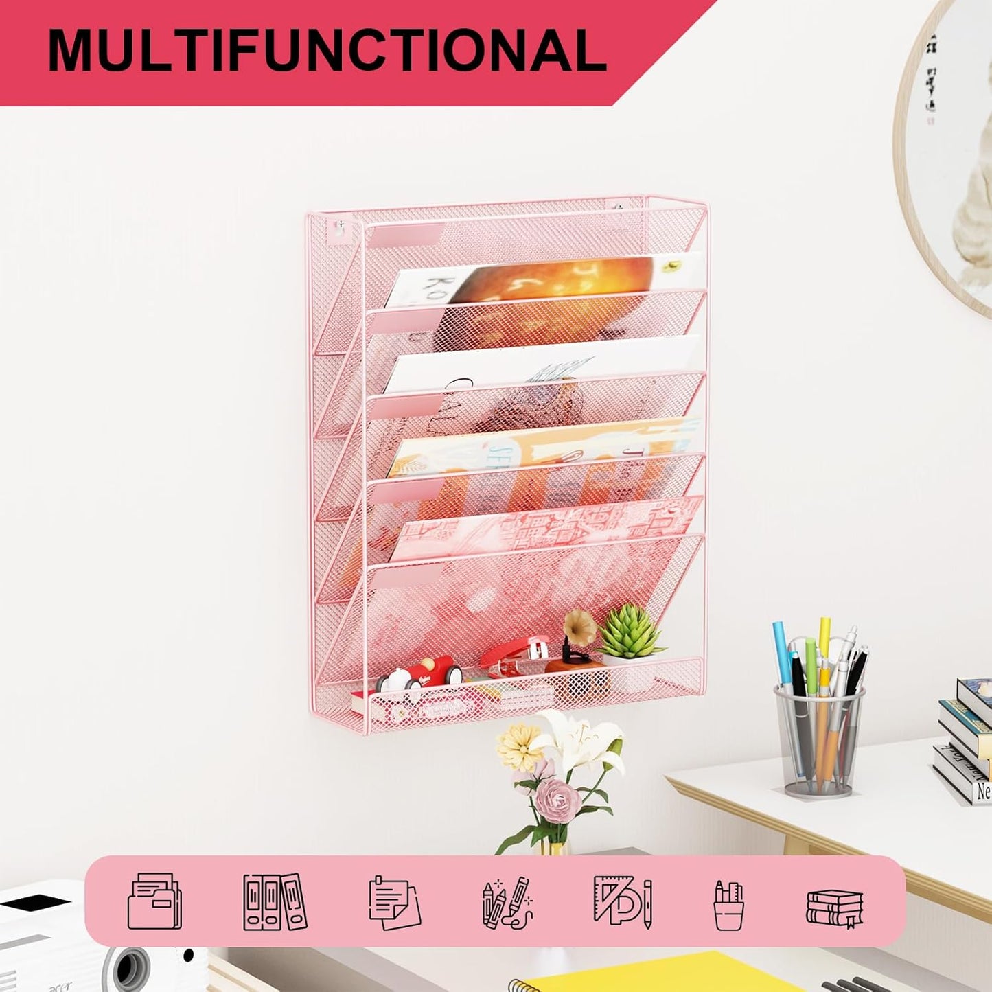 Wall File Organizer Holder Mesh Hanging Paper Document Holder, Vertical 6 Pocket Tier for Office Home, Light Pink