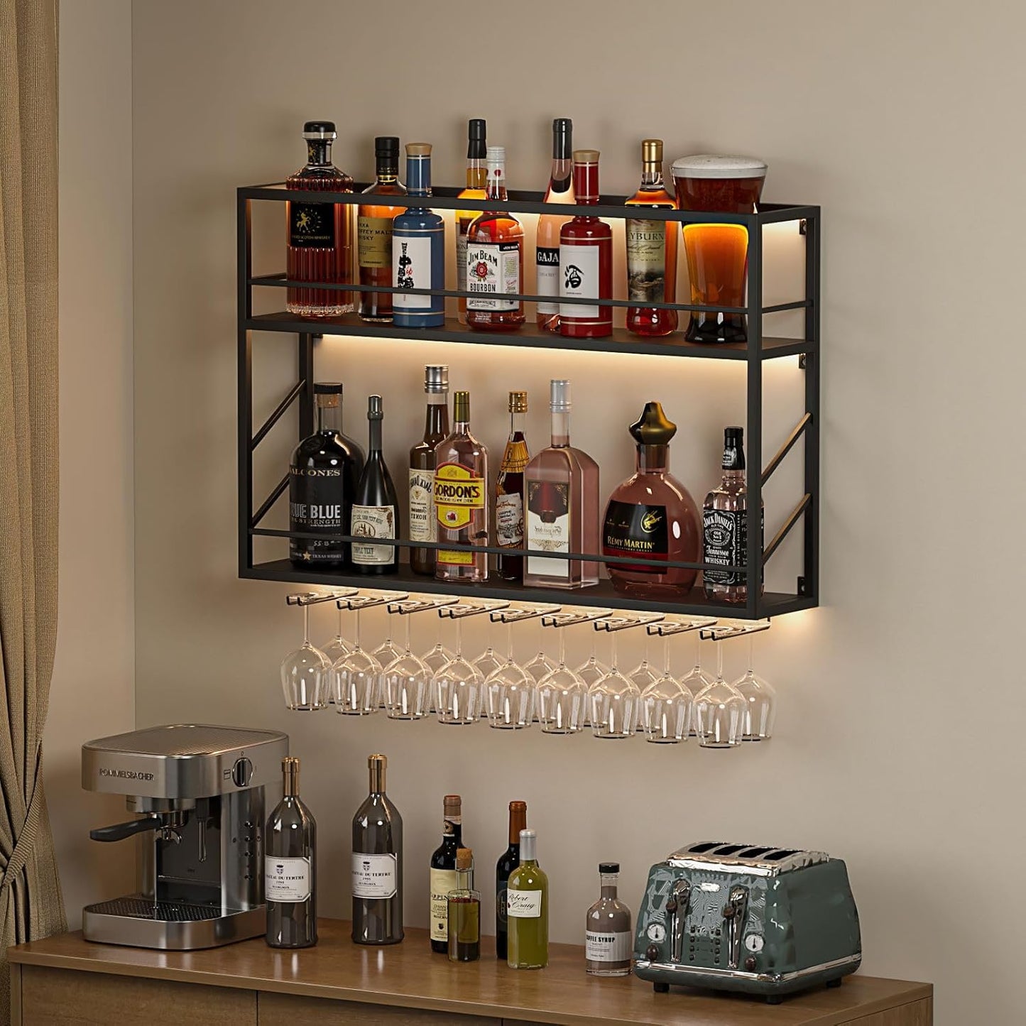 Wall Mounted Wine Rack with Glass Holder,Stylish Mini Floating Bar Shelves for Liquor Bottle Display in Dining Room, Kitchen, Living Room (47.2”W x 26”H x 7.8”D)
