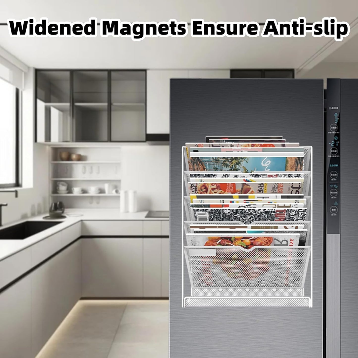 6 Tier Magnetic File Holder, No Drilling Installation File Cabinet Organizer,Black Magnetic File Holders, Magnetic Paper Holder for Refrigerator,File Cabinets, Whiteboard, White