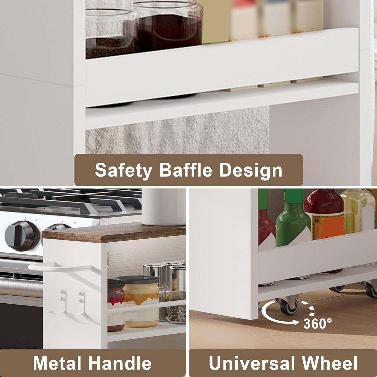ChooChoo 4-Tier Slim Storage Cart with Handle, 5.51" W Rolling Utility Cart on Universal Wheels, Kitchen Cart Mobile Shelving Organization for Laundry Room, Bathroom & Narrow Place (Walnut & White)