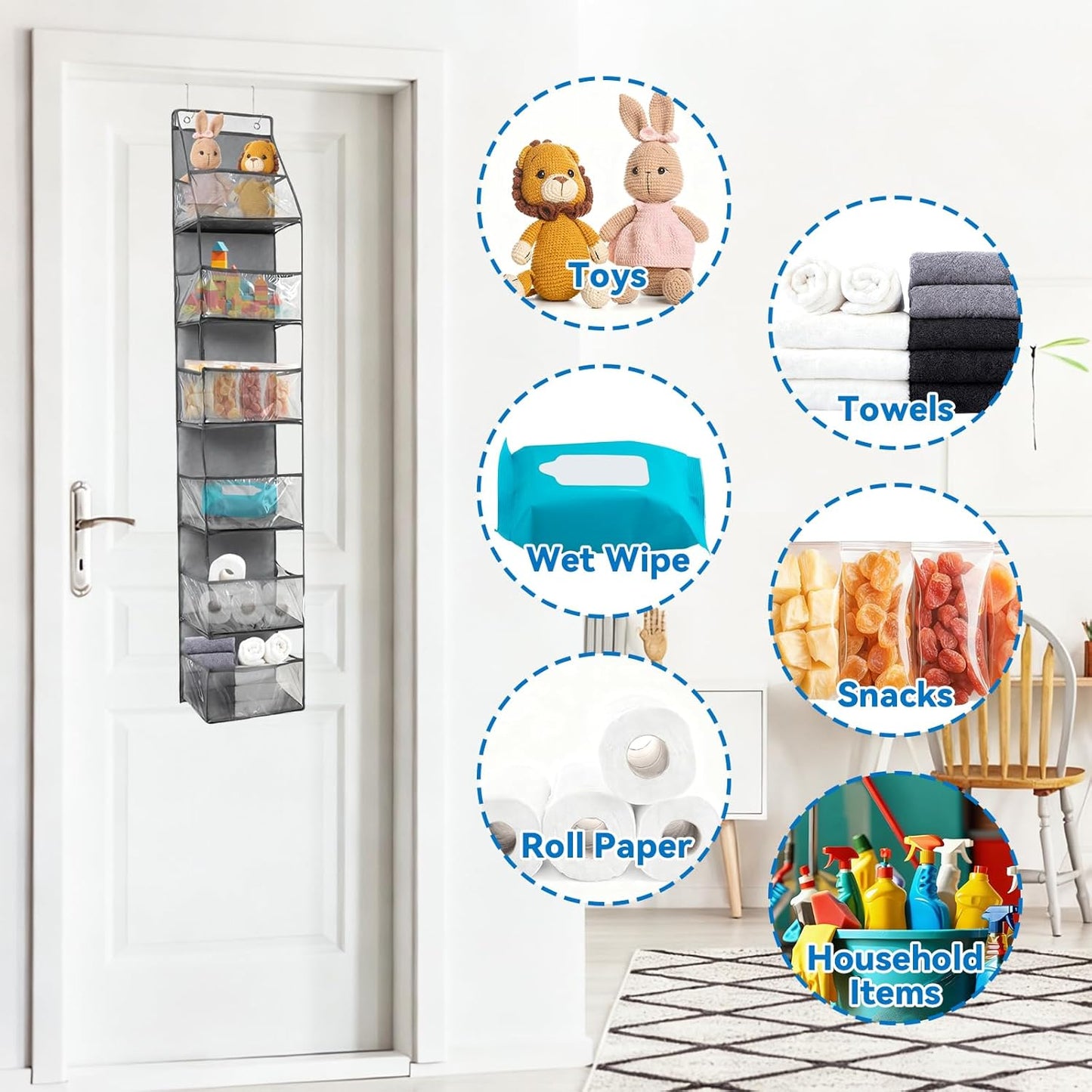 1Pack Over The Door Organizer, Hanging Door Storage Organizer with 6 Large Clear Pockets, Space Saving Behind Door Rack for Bedroom Closet Bathroom Pantry Nursery Office (Grey)