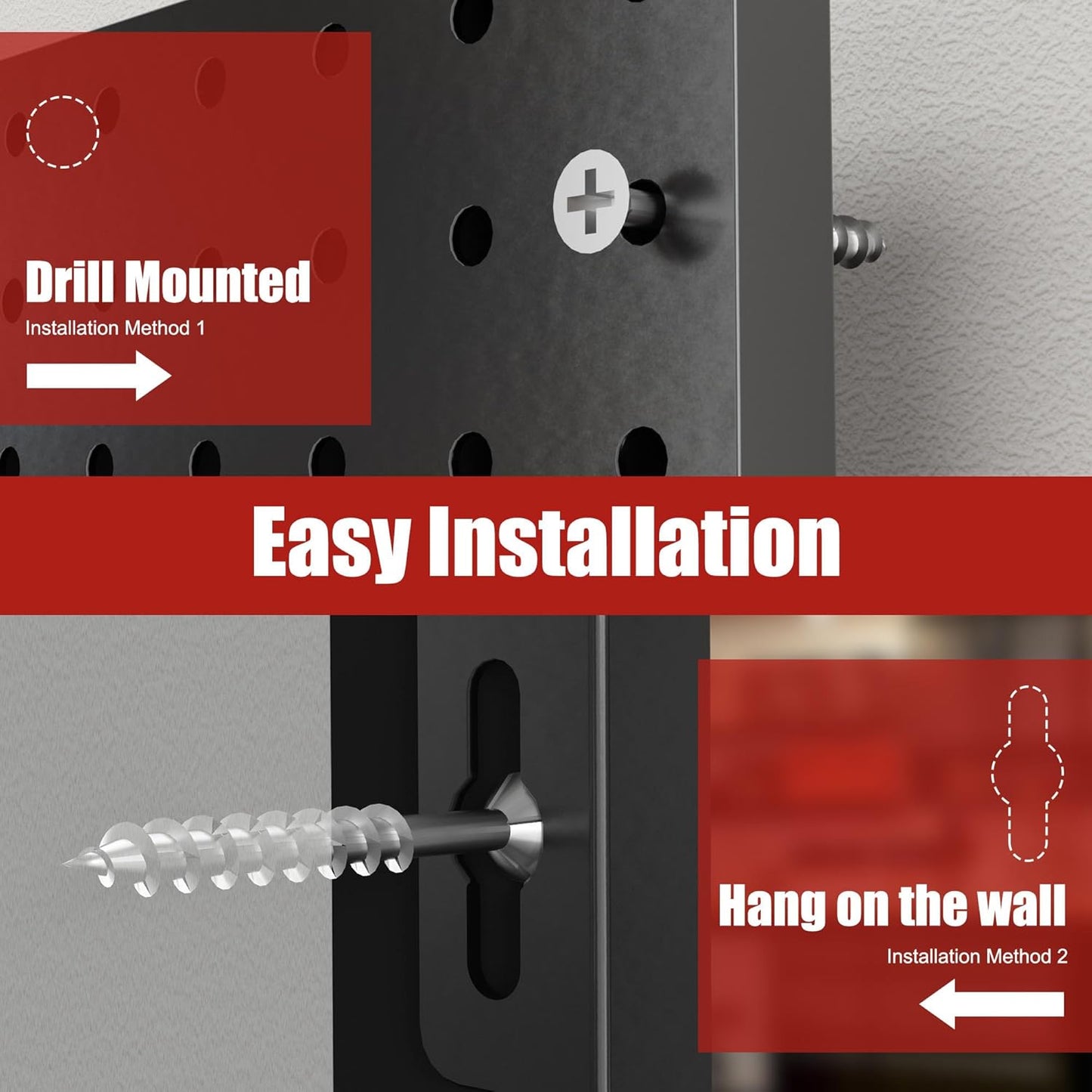 4 Pack Metal Pegboard Panels with 50 Hooks, Black Pegboard Wall Organizer, Pegboard Accessories, Heavy Duty Garage Tool Storage System for Workbench, Workshop, Office, Craft Room