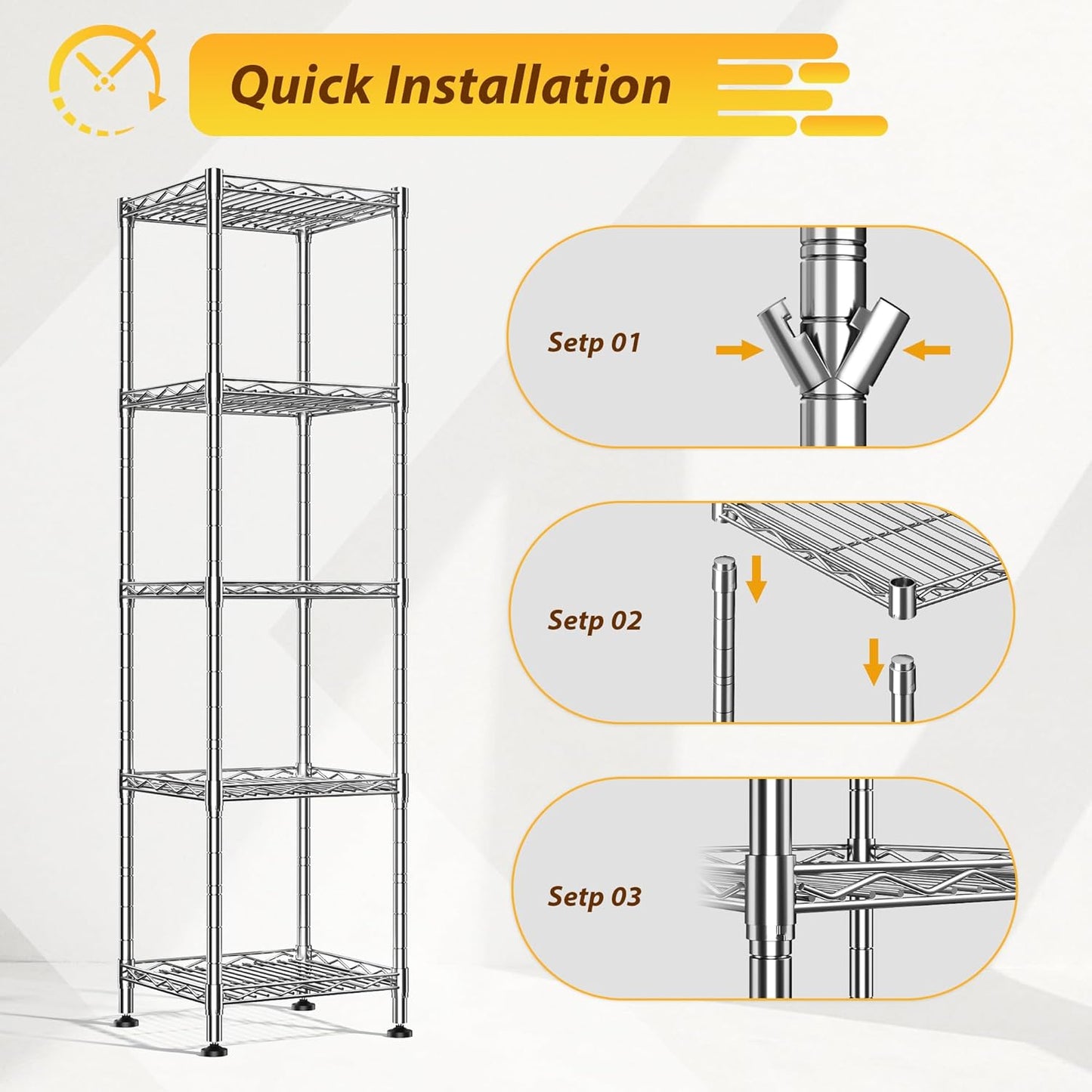 5 Wire Shelving Metal Shelves Storage Rack:Adjustable Storage Shelves Standing Shelf Units and Narrow Shelf for Laundry Bathroom Kitchen Pantry Closet Office 12''Wx12''Dx49''H Chrome