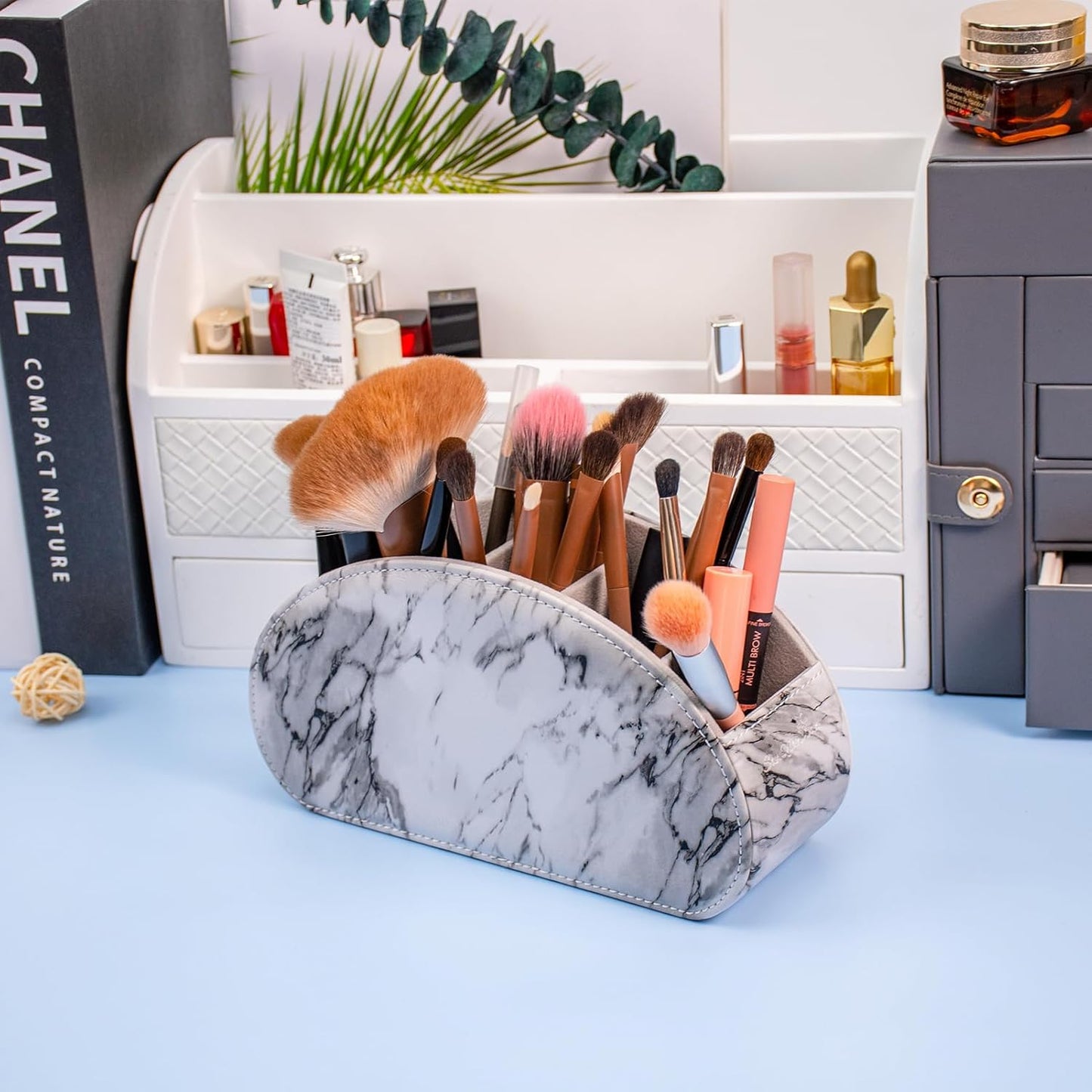 Remote Control Holders Organizer Box with 5 Compartment PU Leather Multi-functional Office Desk Storage Caddy Store Tv Remote for Media Player,Brush,Pencil,Glassees&Office Supplies (Marble)