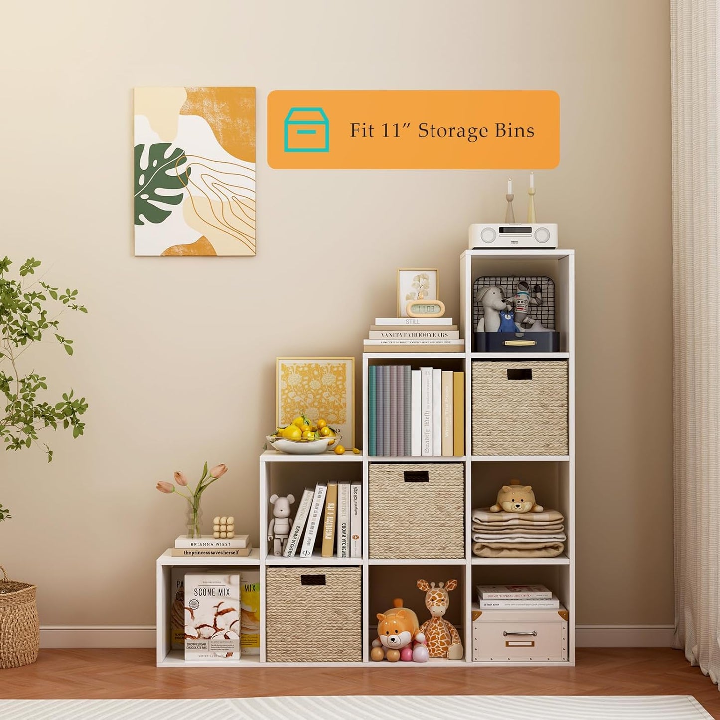 Ladder Cube Storage Bookcase - Wooden L-Shaped 4-Tier Corner Shelf, Reversible 10-Cube Organizer for Home & Office, White
