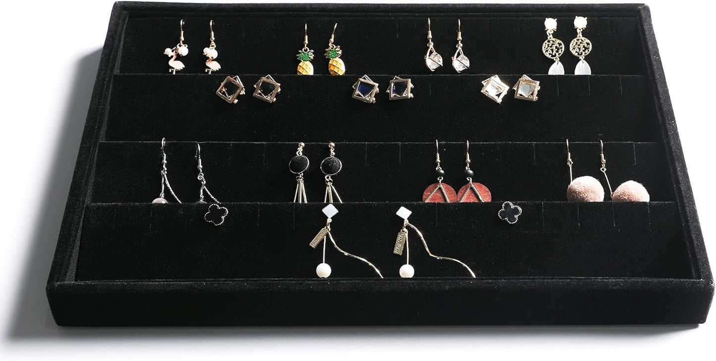 Frebeauty Stackable Velvet Jewelry Organizer Trays for Drawers Inserts Jewelry Storage Tray Display Case Stud Earrings Bracelets Necklace Rings Accessories Trays for Women Girl(Set of 4)(Black).