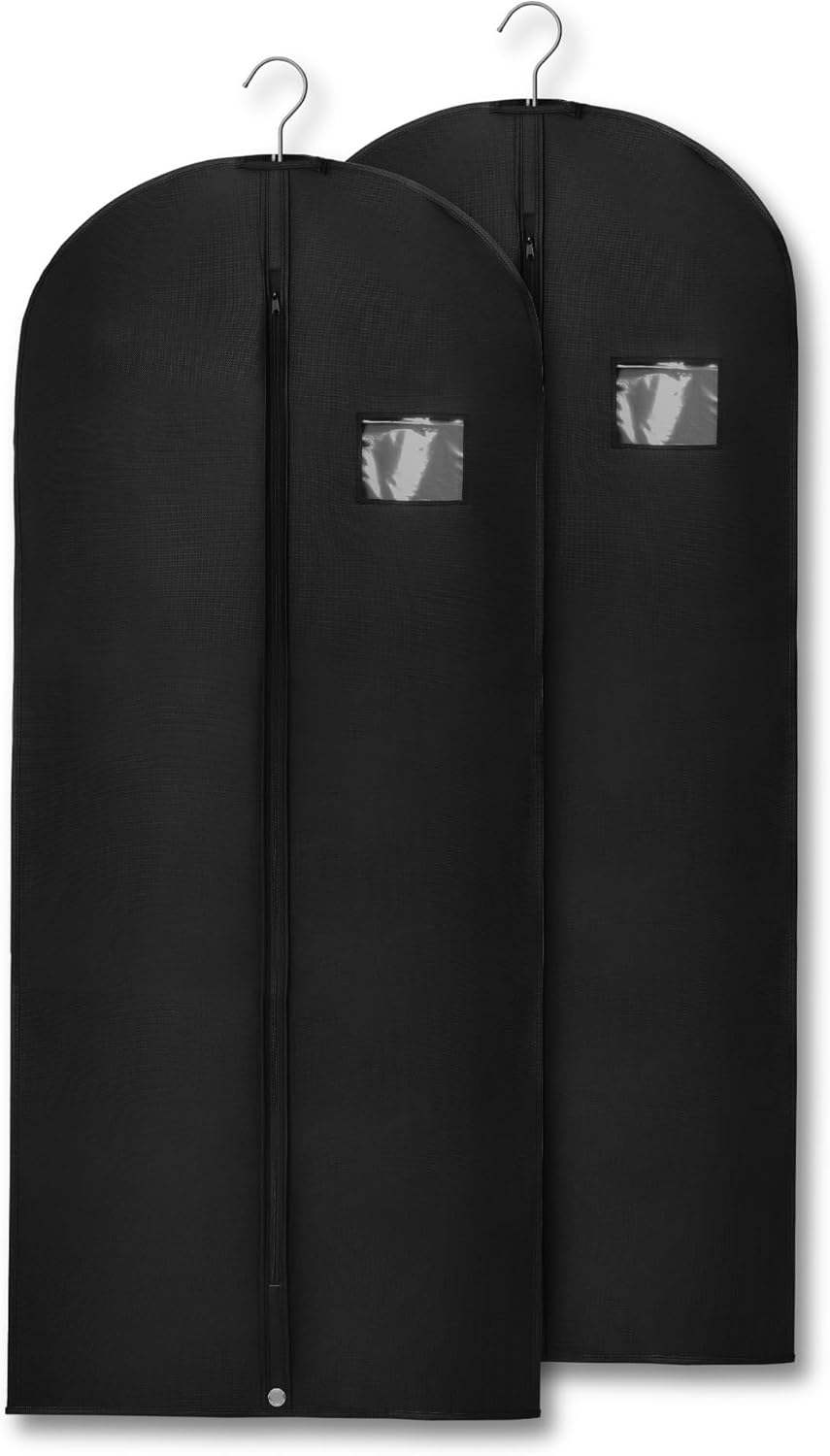 2-Pack Breathable Garment Bags for Hanging Clothes – Dust-Proof Suit & Dress Covers with Clear Window – Waterproof, Foldable Closet Storage Organizer for Coats, Gowns, and Jackets (Black, 55")