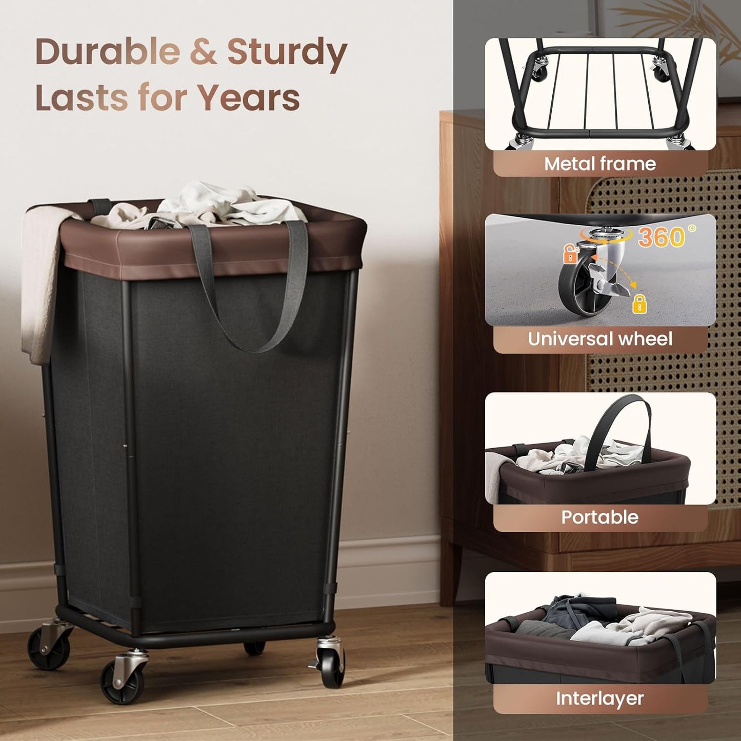 160L Laundry Basket with Wheels, 2-section Rolling Laundry Basket, Large Laundry Hamper with Wheels, Rolling Laundry Hamper Clothes Hamper for Home, Bathrooms and Dorm(Black)