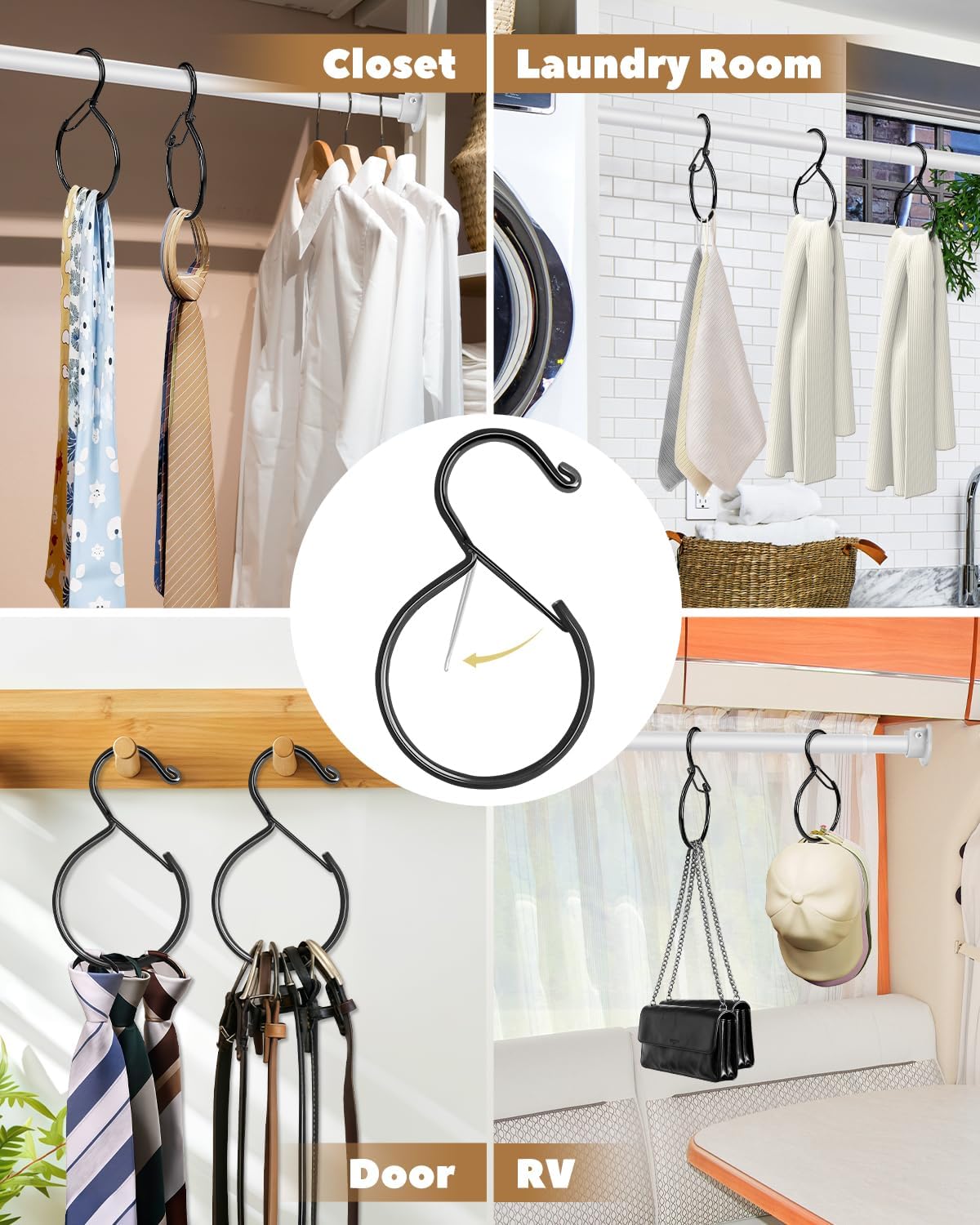 4 Pack Belt Hanger, Belt Hanger for Closet, Waterproof Belt Organizer for Closet, Holds Ties, Scarves, Bags & Accessories, Black