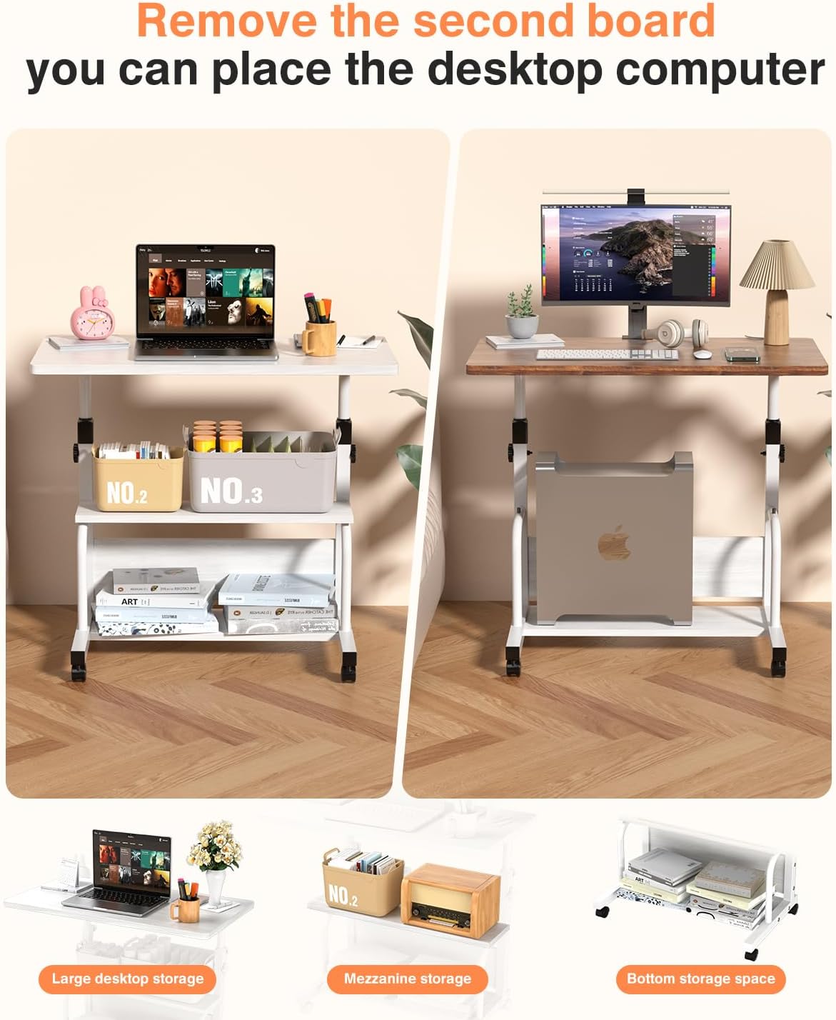 Portable Desk with Wheels Small Standing Desk on Wheels Adjustable Height Rolling Desks for Small Spaces, 32" Computer Desks with Storage Shelves for Home Office Study White