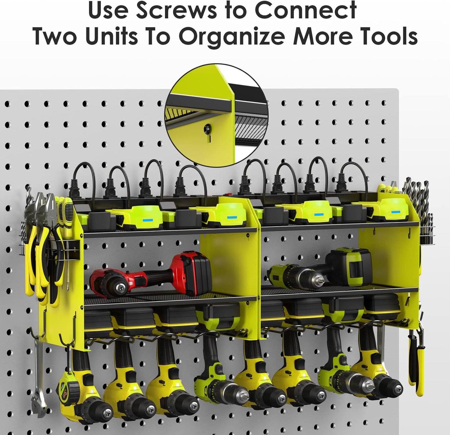 CCCEI Modular Power Tool Organizer Wall Mount with Charging Station. Garage Drill Storage Shelf with Hooks, Heavy Duty Rack, Tool Battery Holder Built in 8 Outlet. Gift for Men. Green, 1 Pack.