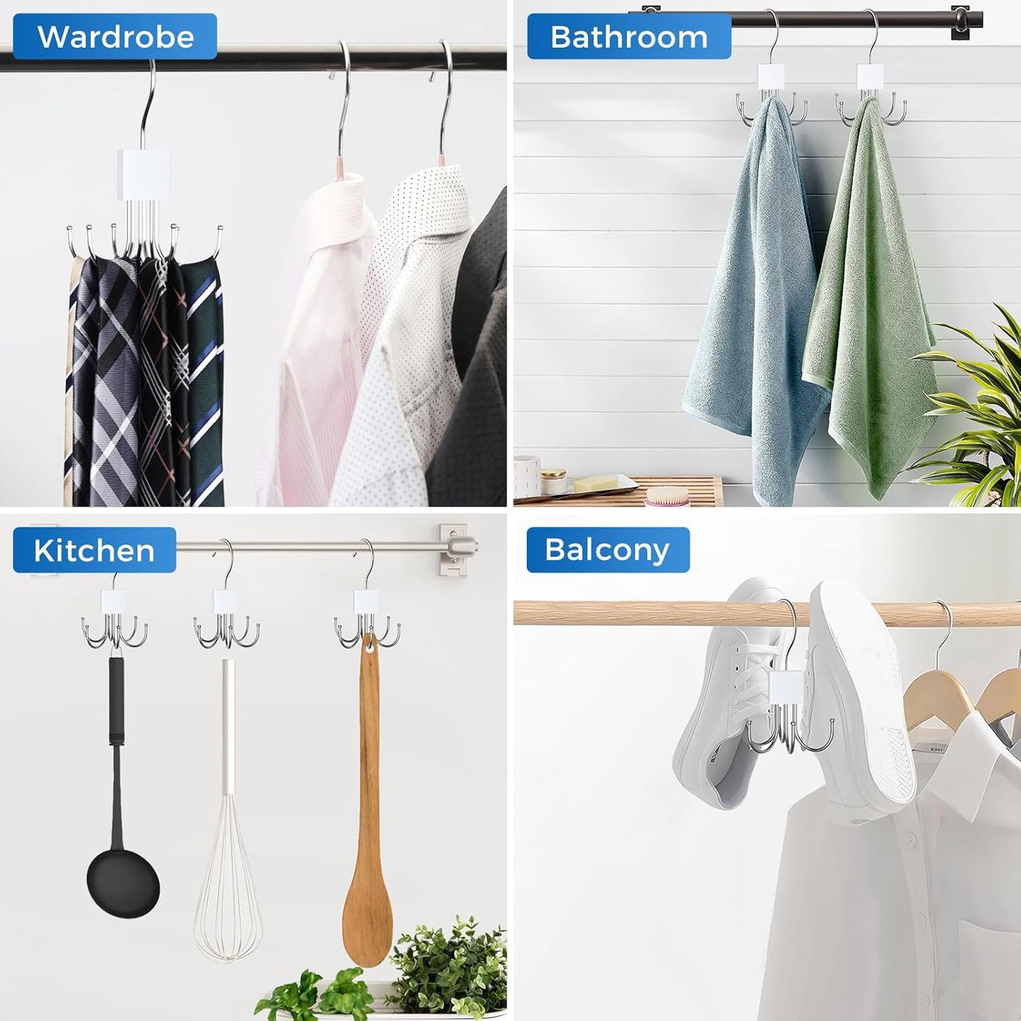 Tie Rack Hanger, Belt Hanger Organizer for Closet 360° Rotatable Max 24 Ties/24 Belts Storage Space Saving Closet Organizers and Storage for Belt, Bra, Tank Top, Tie, Scarf, Purse 2Pcs White